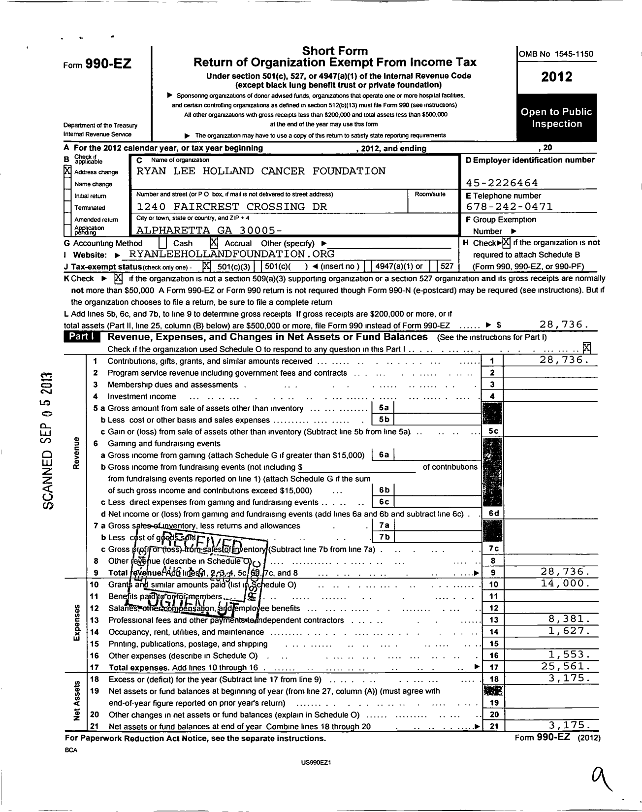 Image of first page of 2012 Form 990EZ for Ryan Lee Holland Cancer Foundation