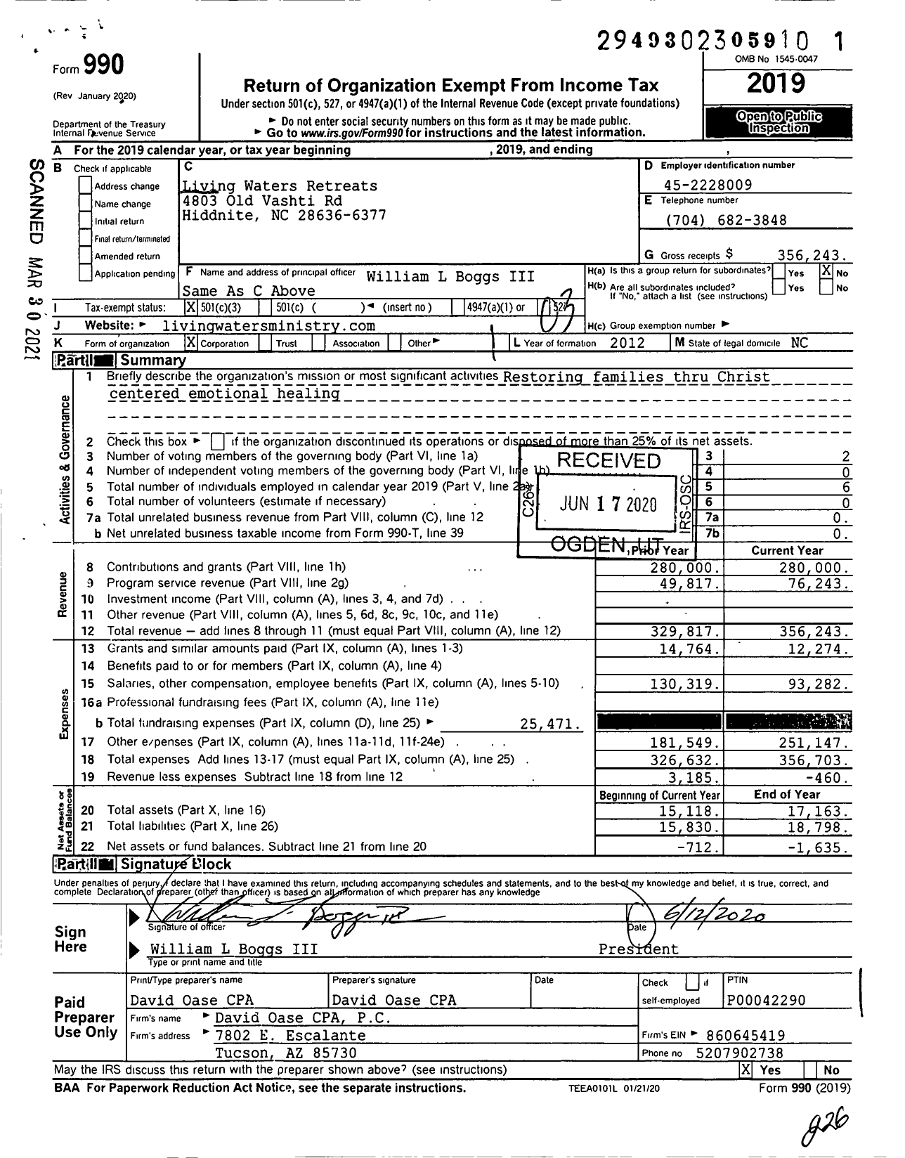 Image of first page of 2019 Form 990 for Living Waters Retreats