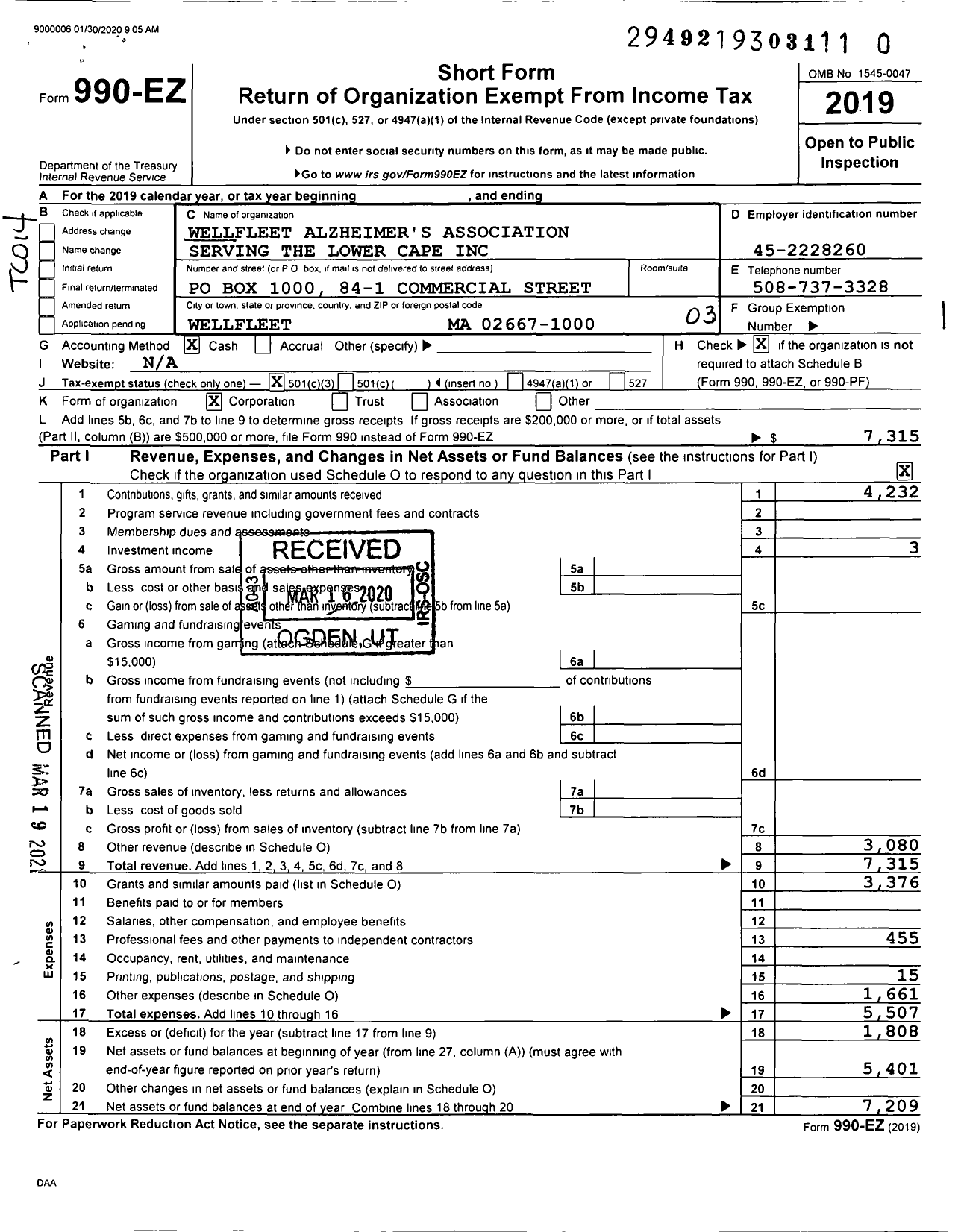 Image of first page of 2019 Form 990EZ for Wellfleet Alzheimer's Association Serving the Lower Cape