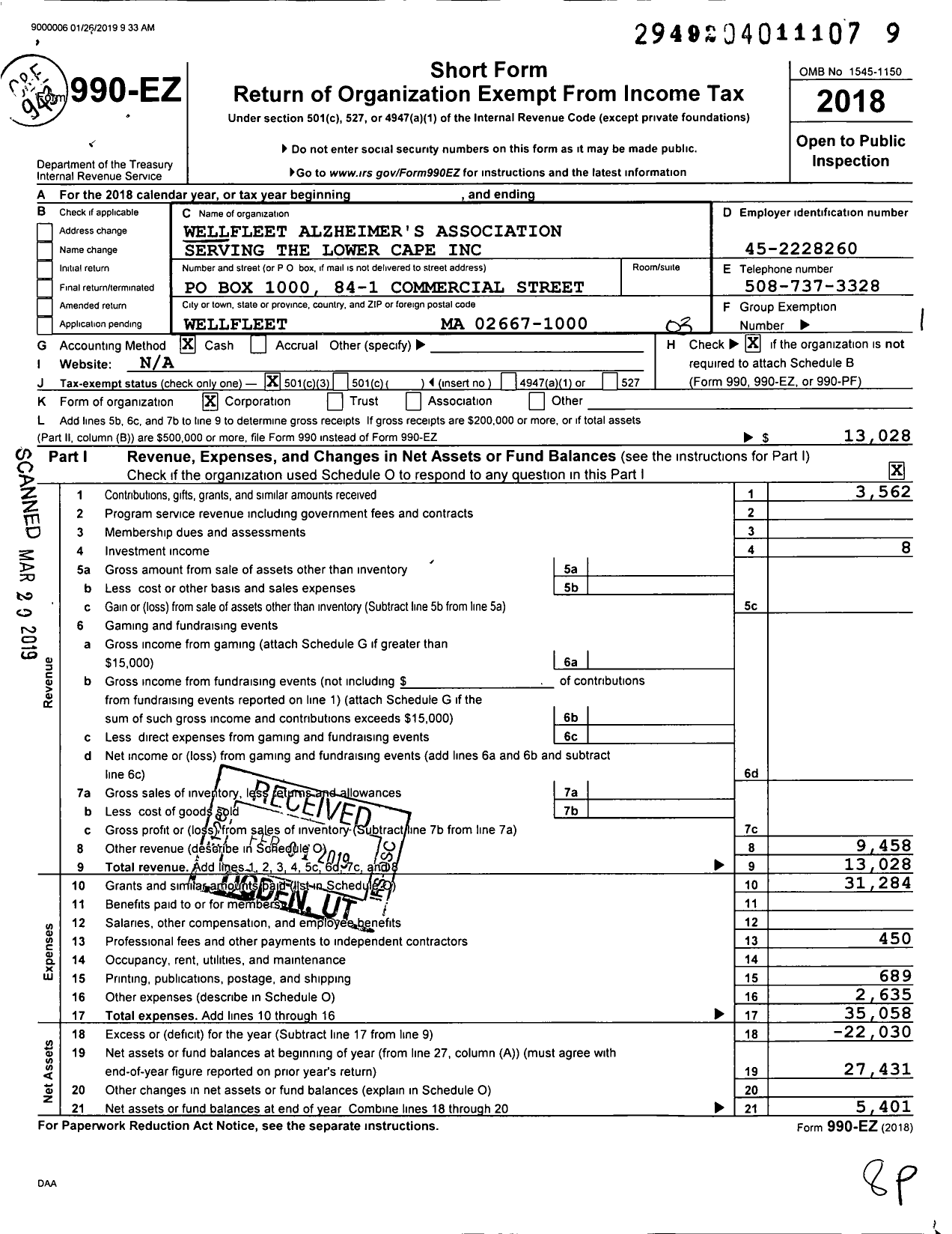 Image of first page of 2018 Form 990EZ for Wellfleet Alzheimer's Association Serving the Lower Cape