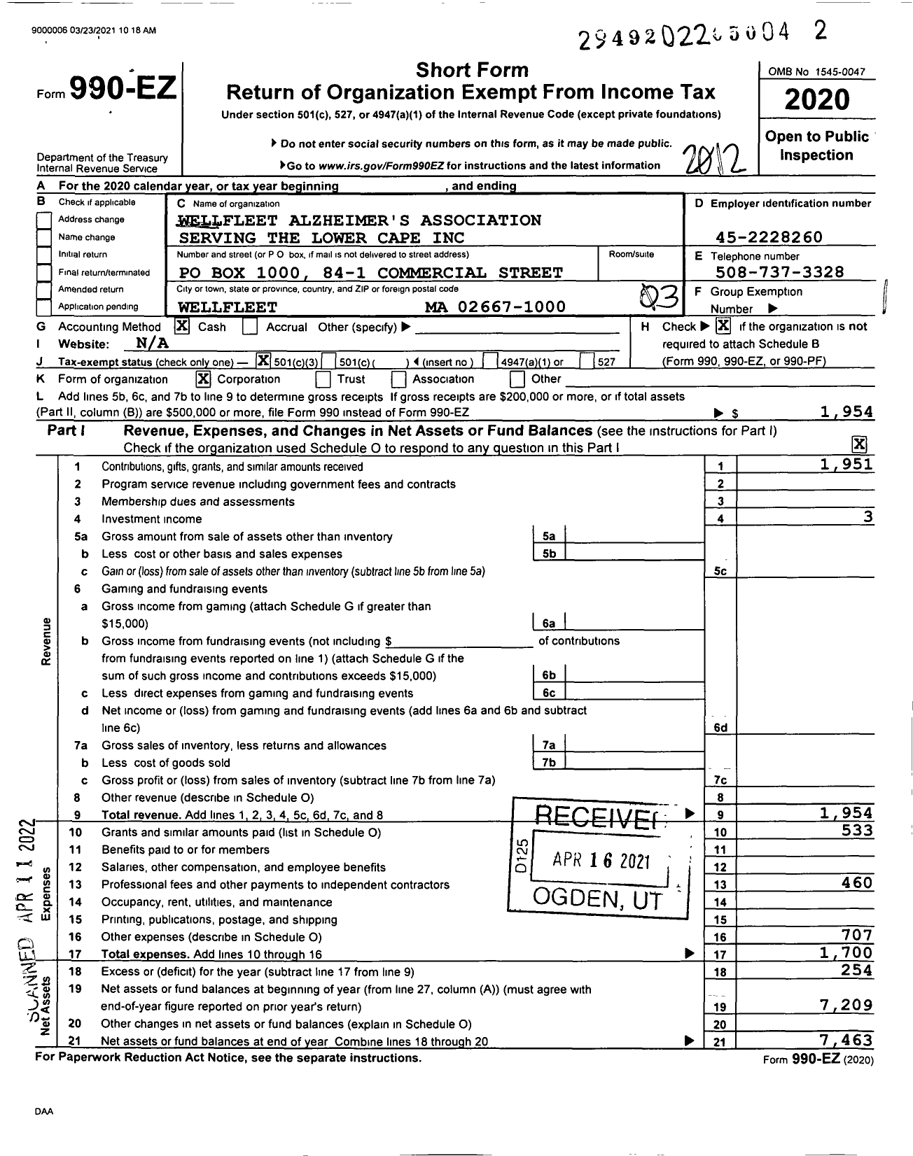 Image of first page of 2020 Form 990EZ for Wellfleet Alzheimer's Association Serving the Lower Cape