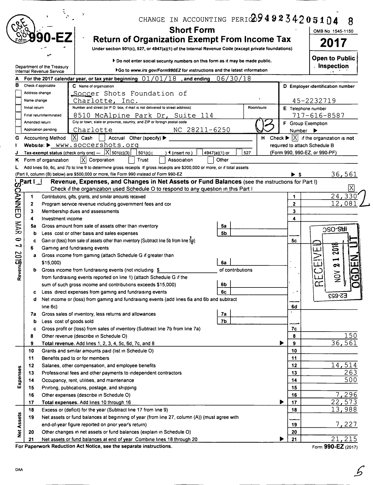 Image of first page of 2017 Form 990EZ for Soccer Shots Foundation of Charlotte