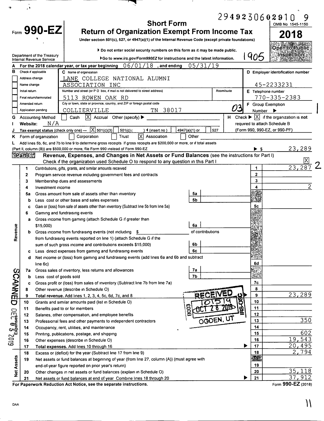 Image of first page of 2018 Form 990EZ for Lane College National Alumni Association