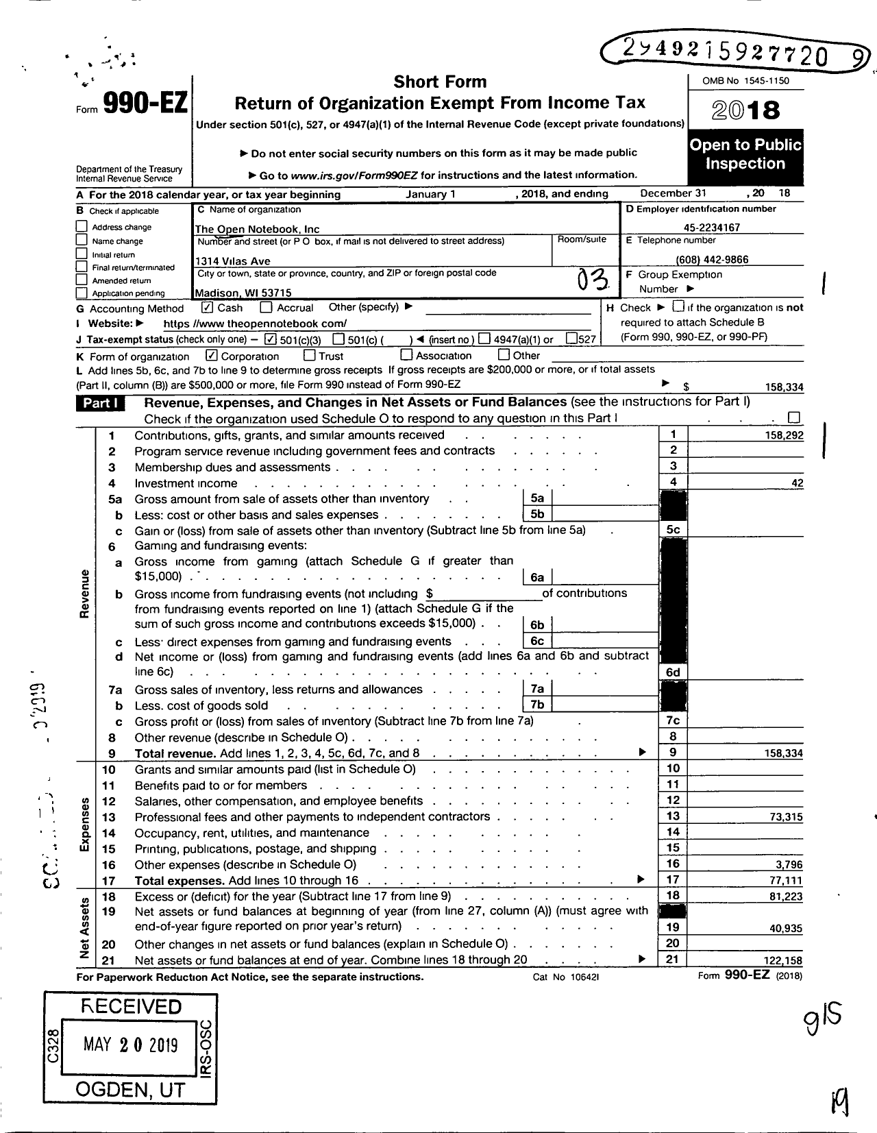 Image of first page of 2018 Form 990EZ for Open Notebook