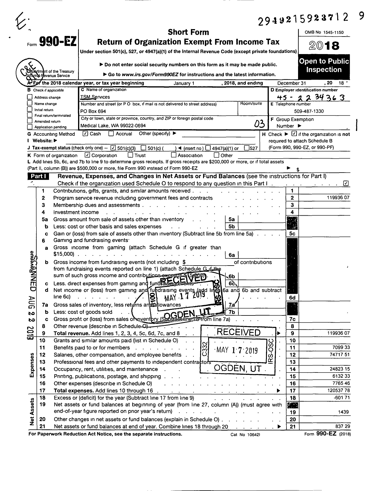 Image of first page of 2018 Form 990EZ for TSM Services