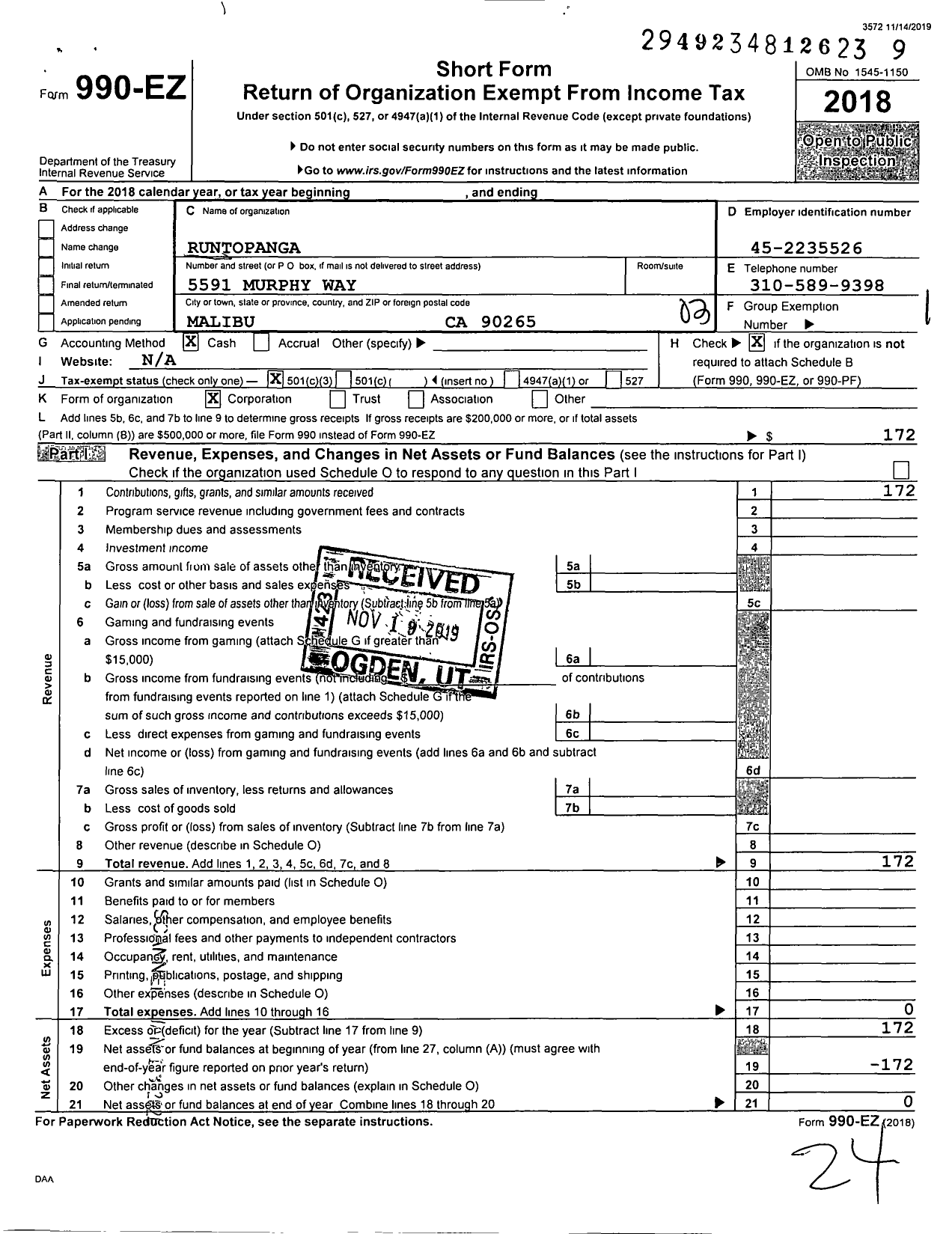 Image of first page of 2018 Form 990EZ for Runtopanga