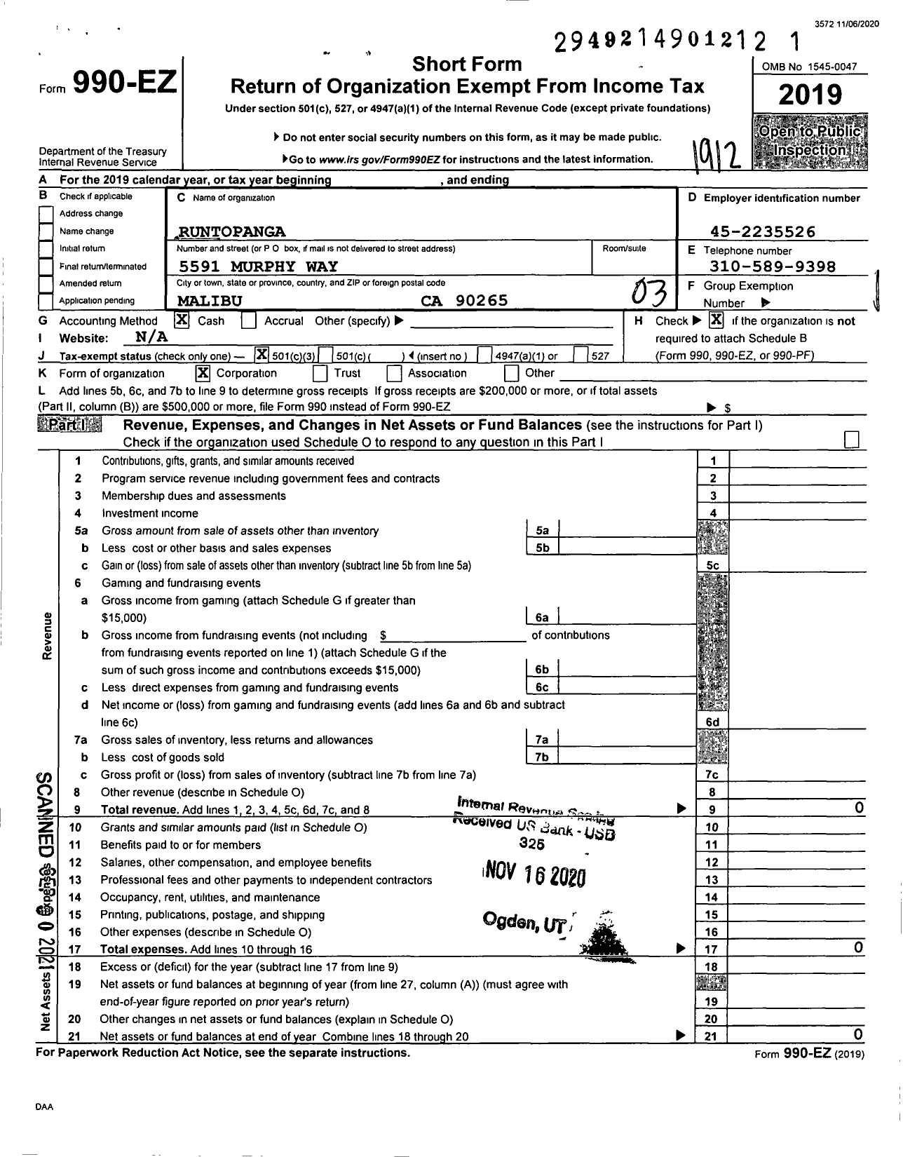 Image of first page of 2019 Form 990EZ for Runtopanga