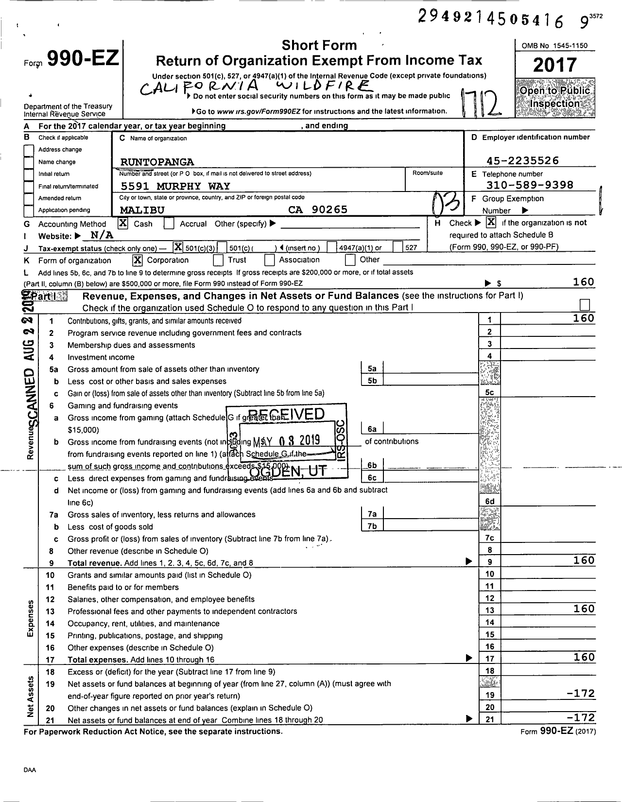 Image of first page of 2017 Form 990EZ for Runtopanga