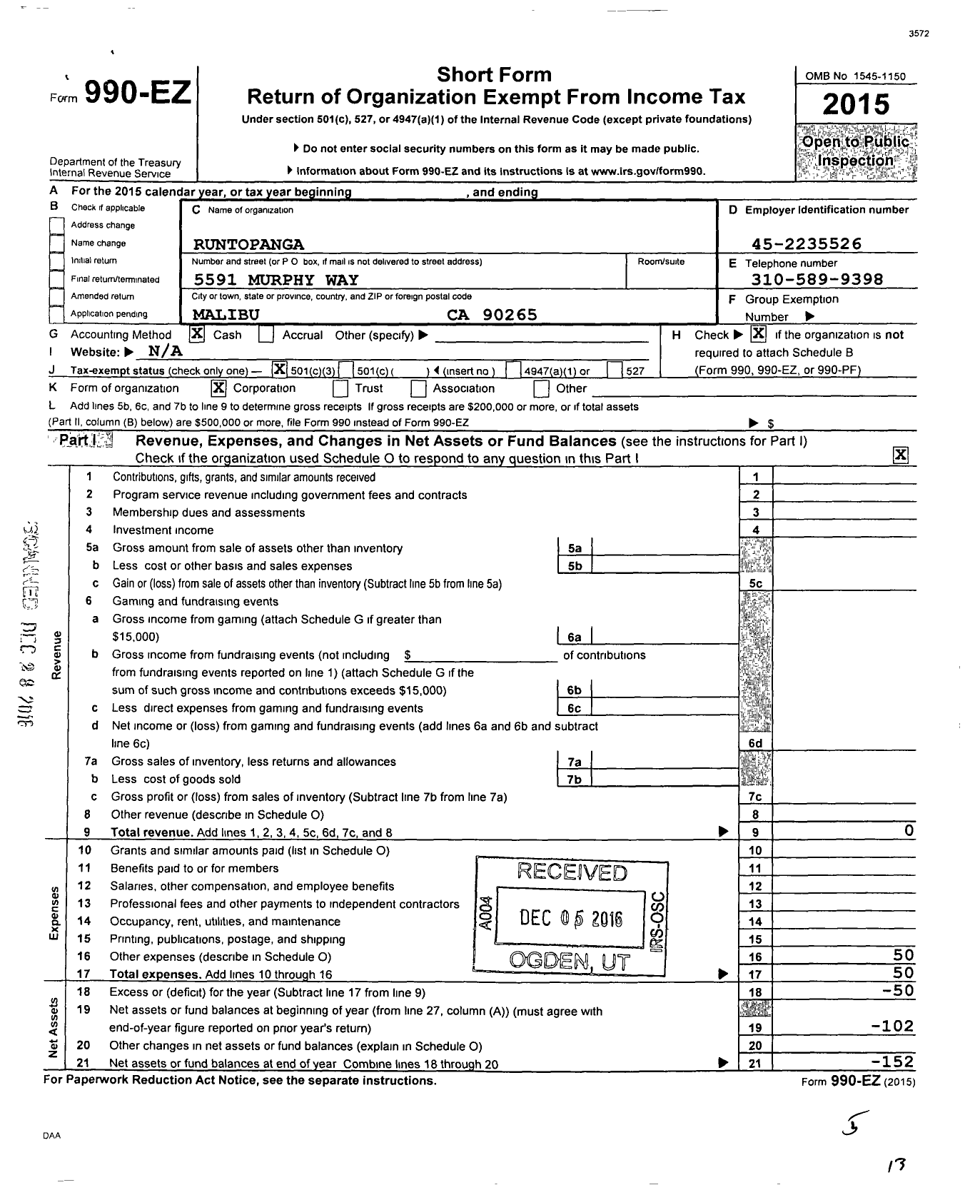 Image of first page of 2015 Form 990EZ for Runtopanga