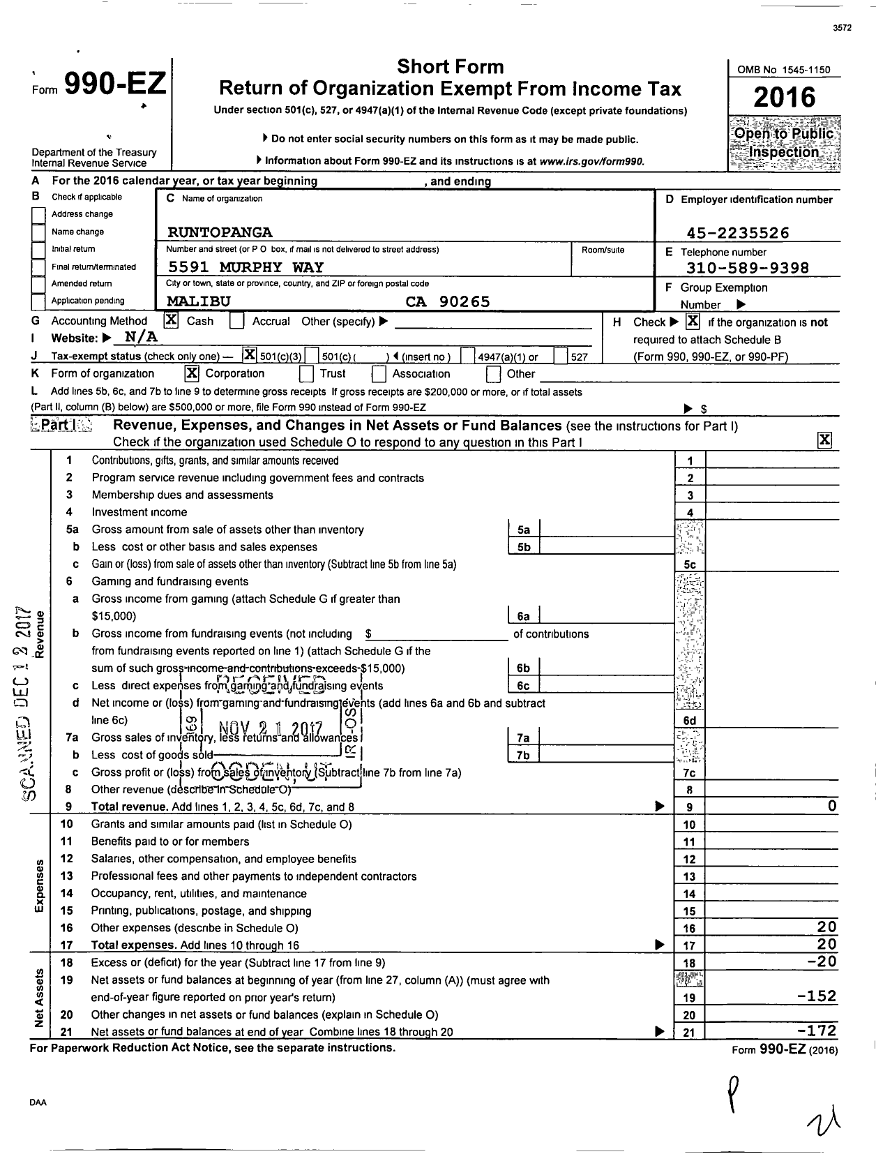 Image of first page of 2016 Form 990EZ for Runtopanga