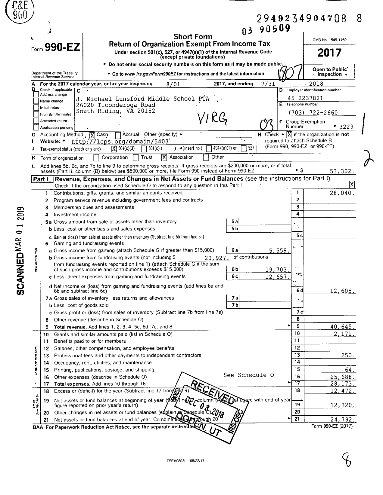 Image of first page of 2017 Form 990EZ for Virginia PTA - J Michael Lunsford Middle SCH PTA