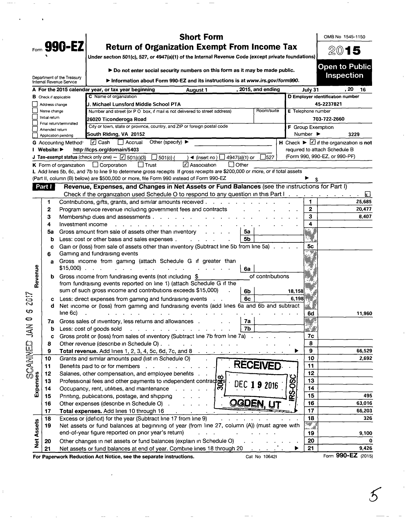 Image of first page of 2015 Form 990EZ for Virginia PTA - J Michael Lunsford Middle SCH PTA