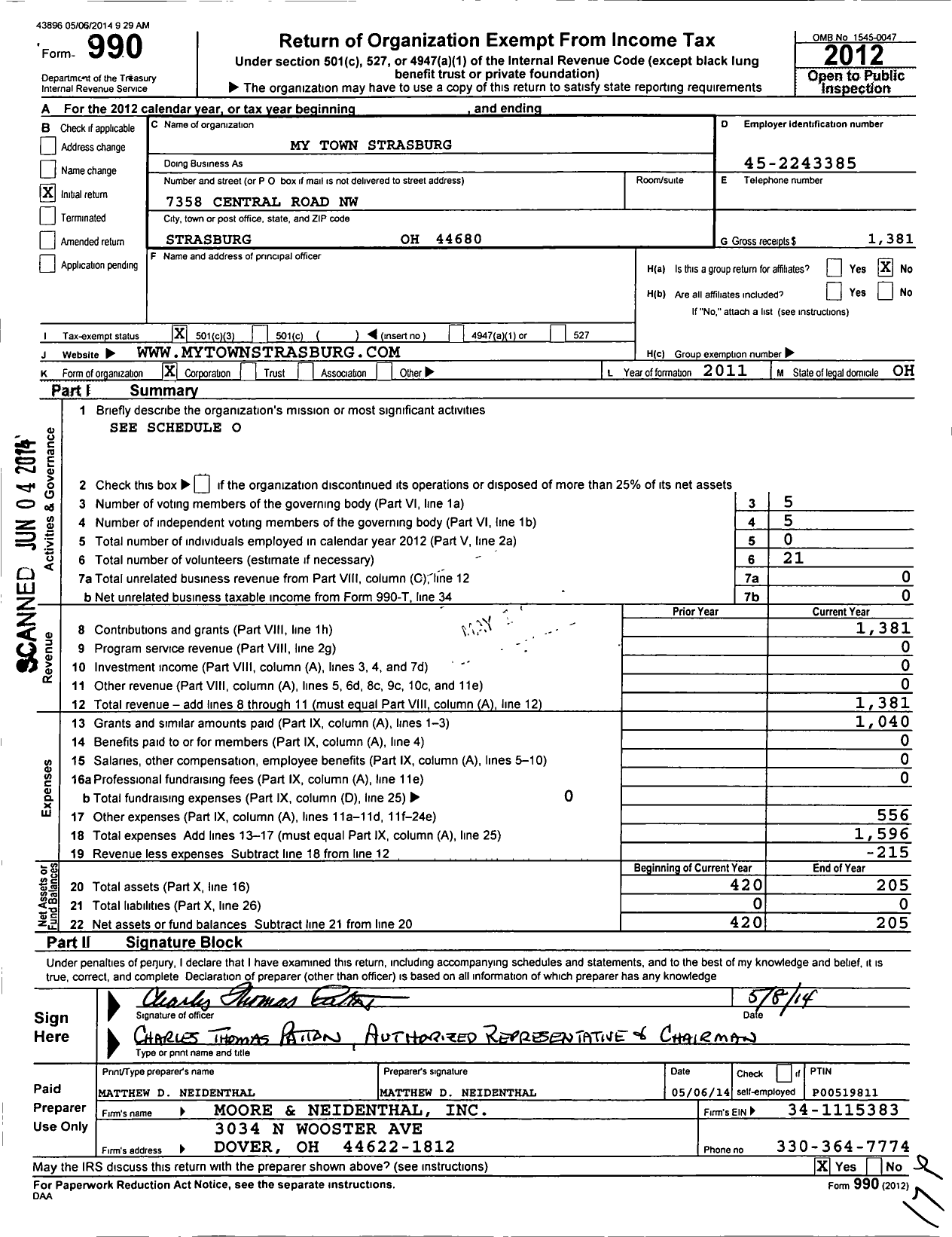 Image of first page of 2012 Form 990 for My Town Strasburg