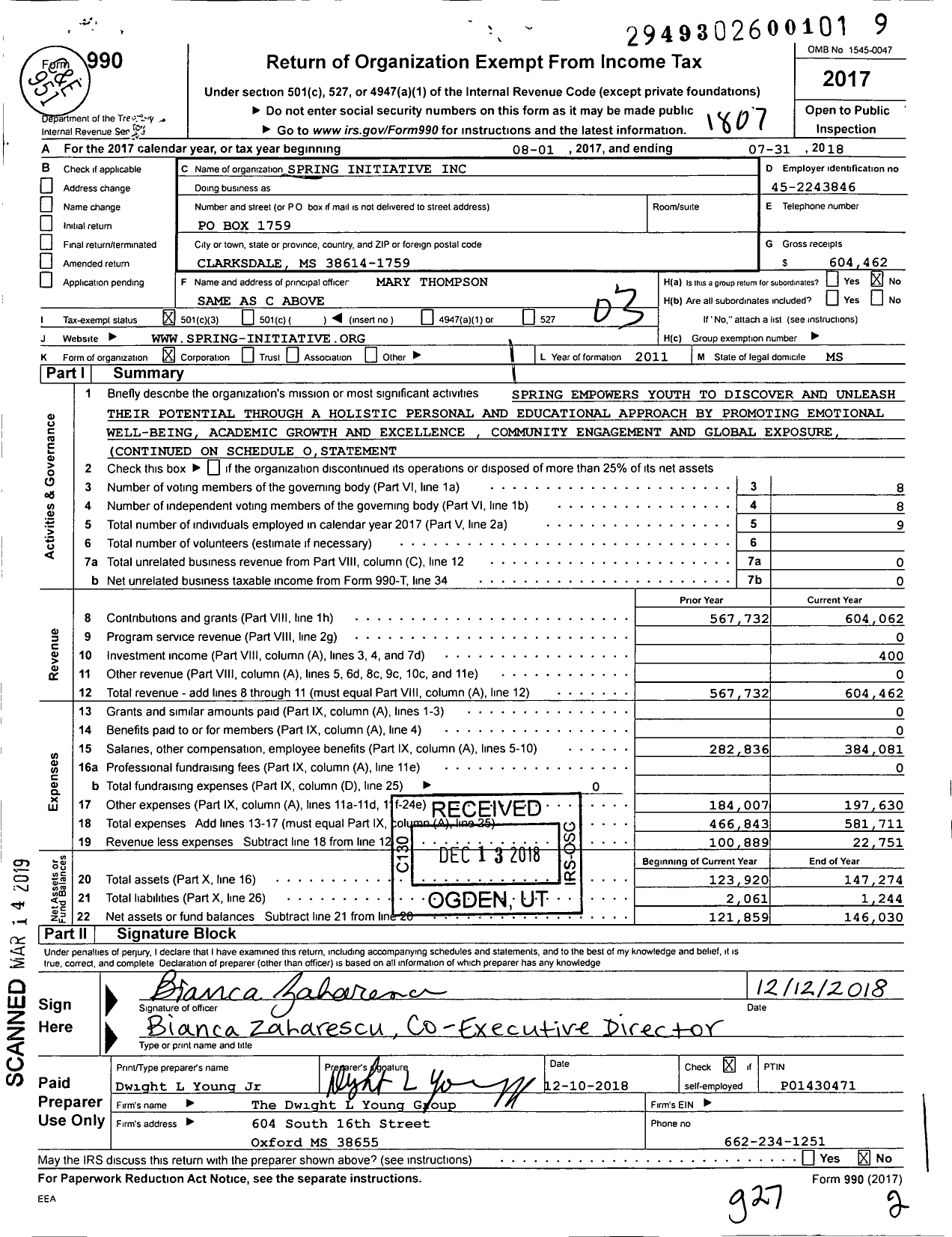 Image of first page of 2017 Form 990 for Spring Initiative