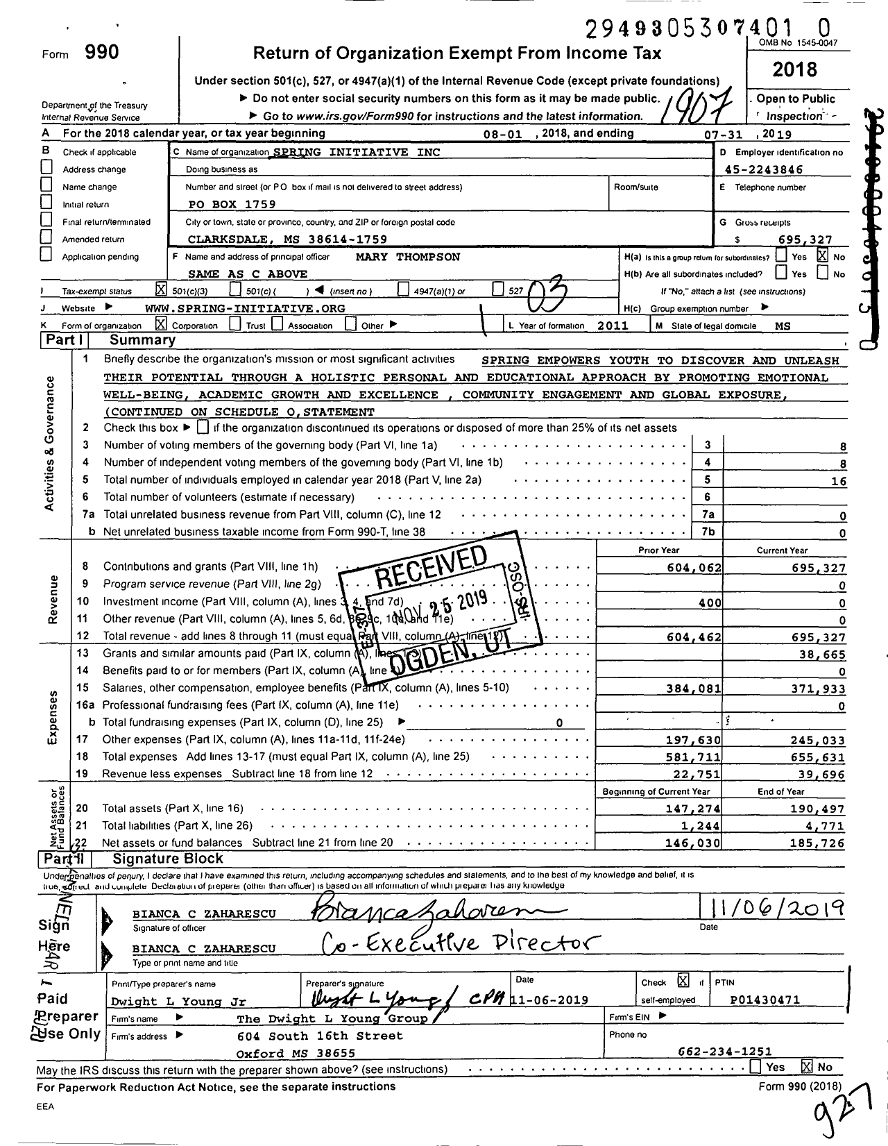 Image of first page of 2018 Form 990 for Spring Initiative