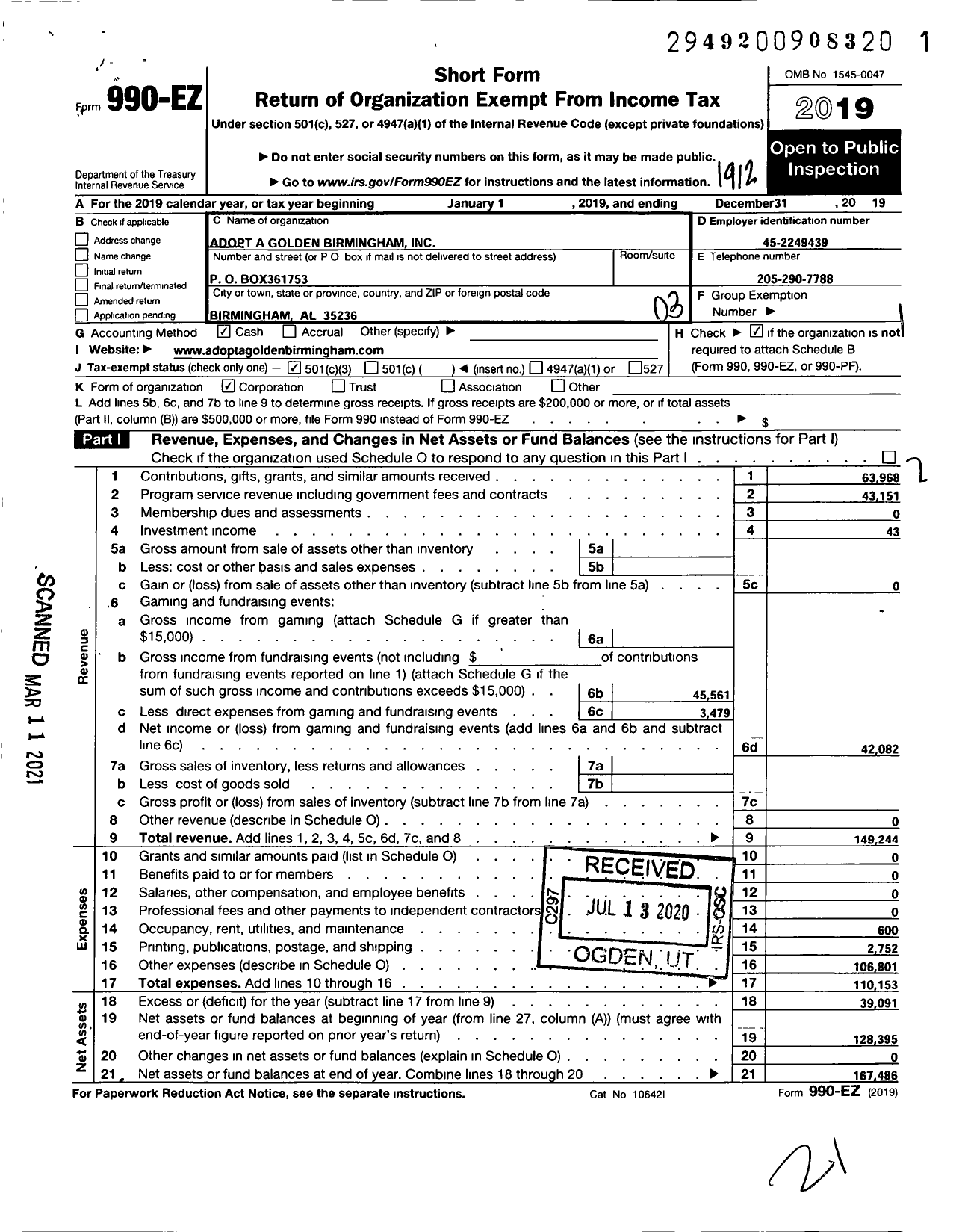 Image of first page of 2019 Form 990EZ for Adopt A Golden Birmingham