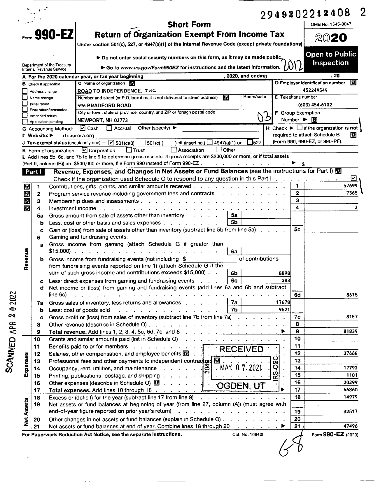 Image of first page of 2020 Form 990EZ for Road to Independence