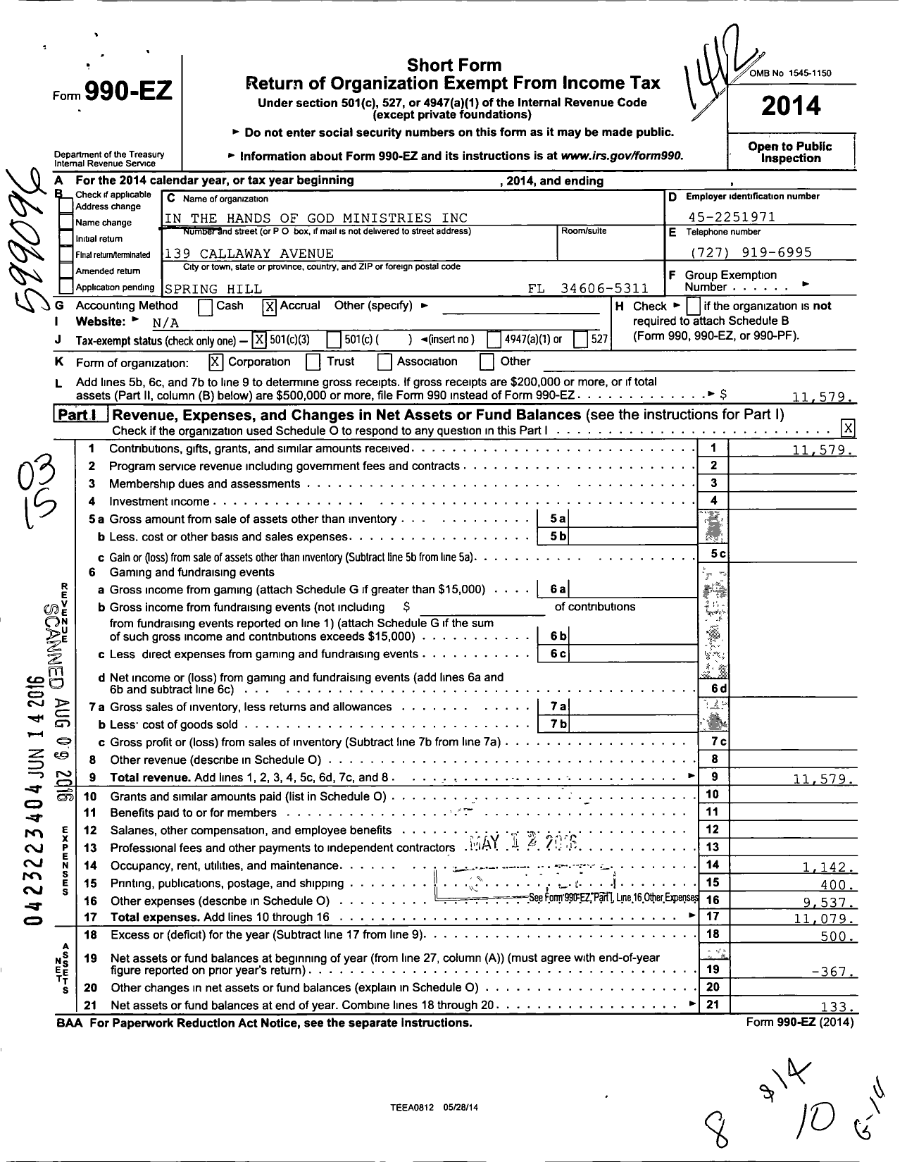 Image of first page of 2014 Form 990EZ for In the Hands of God Ministries