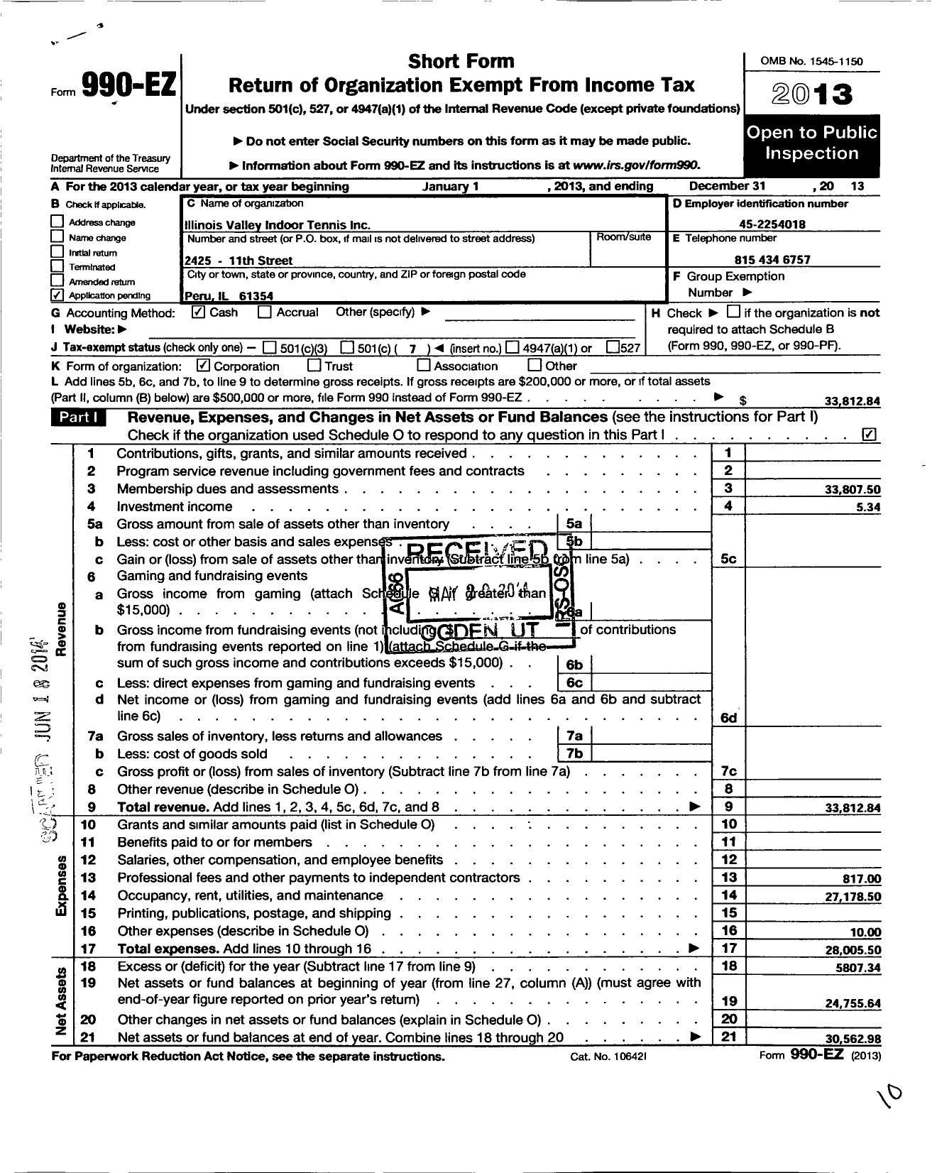 Image of first page of 2013 Form 990EO for Illinois Valley Indoor Tennis