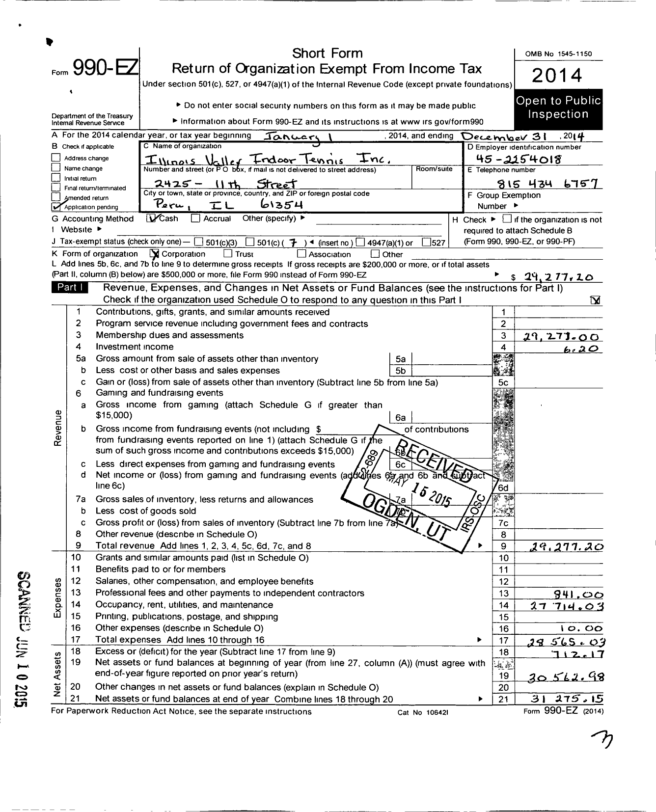 Image of first page of 2014 Form 990EO for Illinois Valley Indoor Tennis