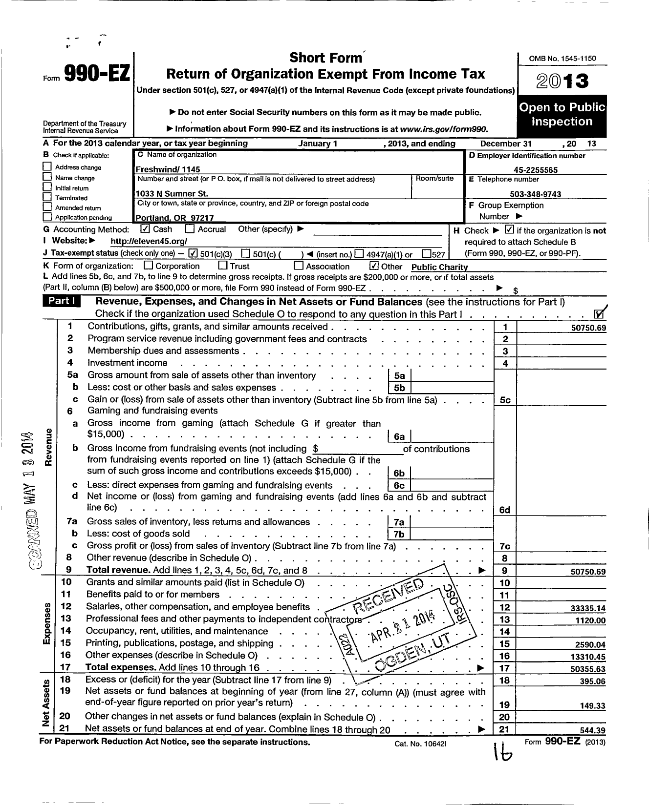 Image of first page of 2013 Form 990EZ for Fresh Wind Encounter 11 45