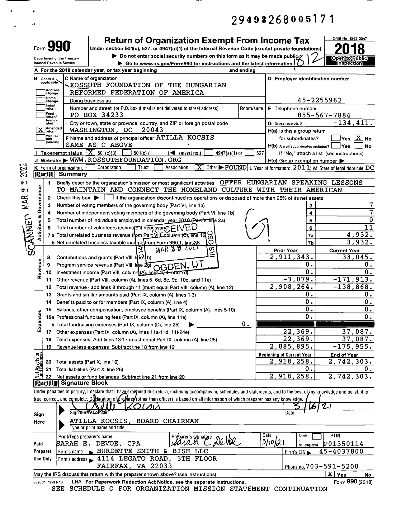 Image of first page of 2018 Form 990 for Kossuth Foundation of the Hungarian Reformed Federation of America