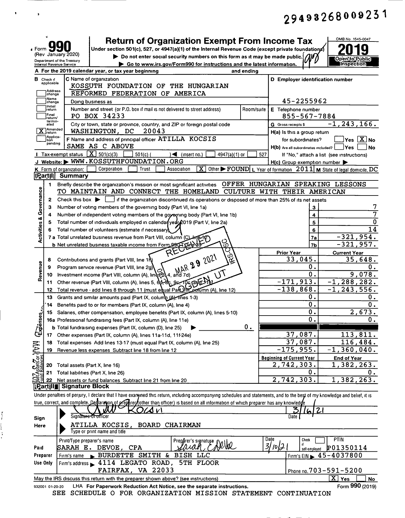 Image of first page of 2019 Form 990 for Kossuth Foundation of the Hungarian Reformed Federation of America