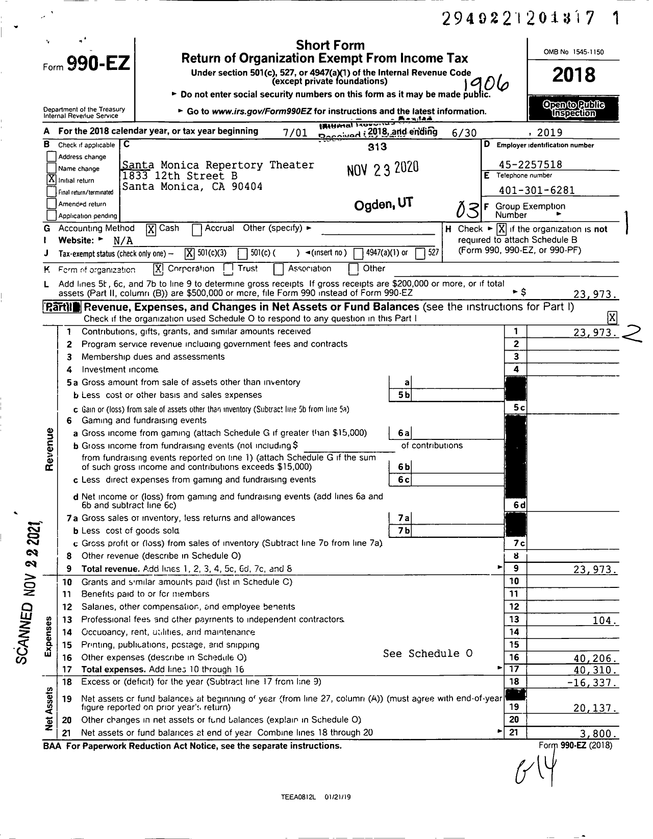 Image of first page of 2018 Form 990EZ for Santa Monica Repertory Theater