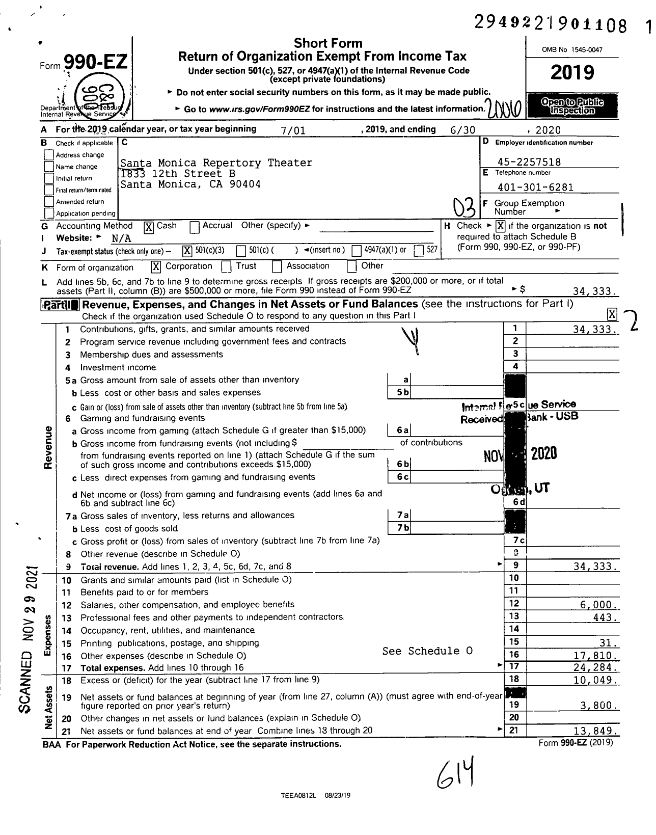 Image of first page of 2019 Form 990EZ for Santa Monica Repertory Theater