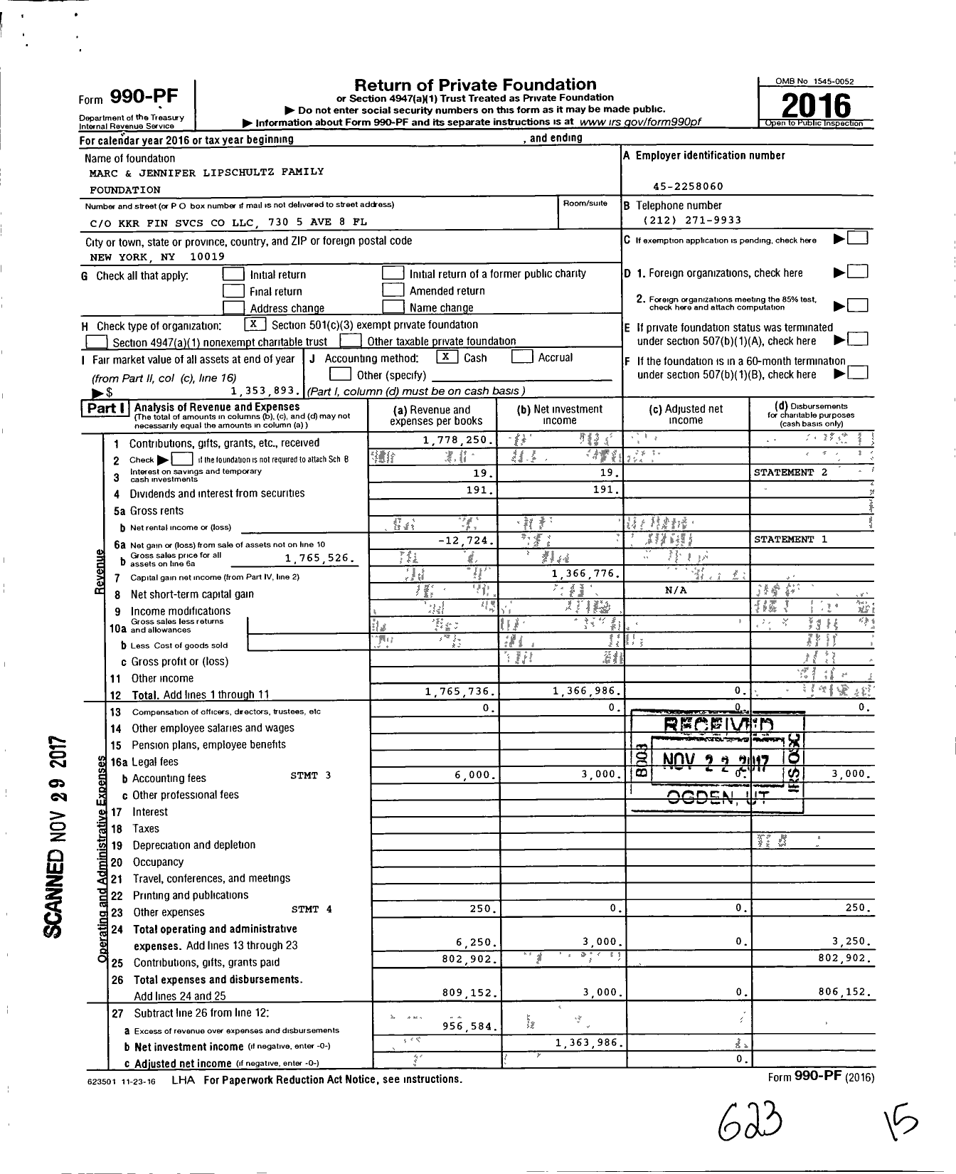 Image of first page of 2016 Form 990PF for Marc and Jennifer Lipschultz Family Foundation
