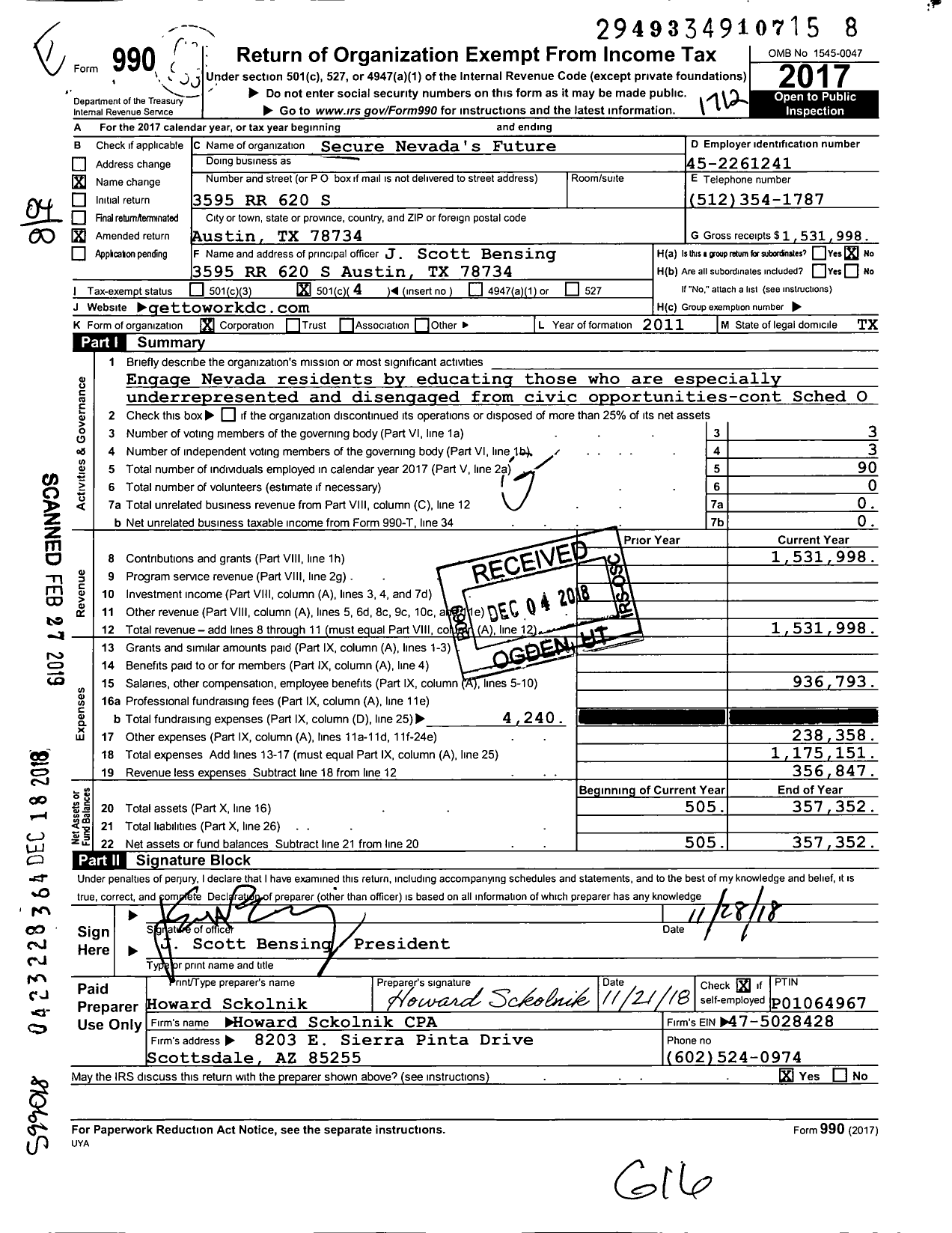 Image of first page of 2017 Form 990O for Secure Nevadas Future