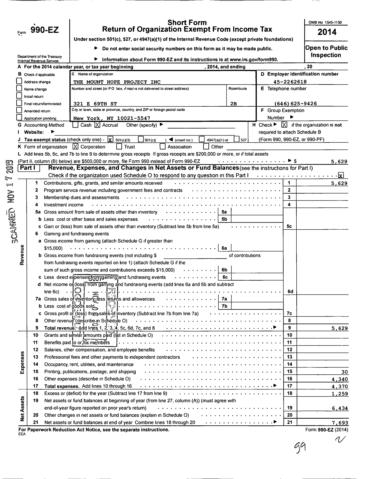 Image of first page of 2014 Form 990EZ for Mount Hope Project