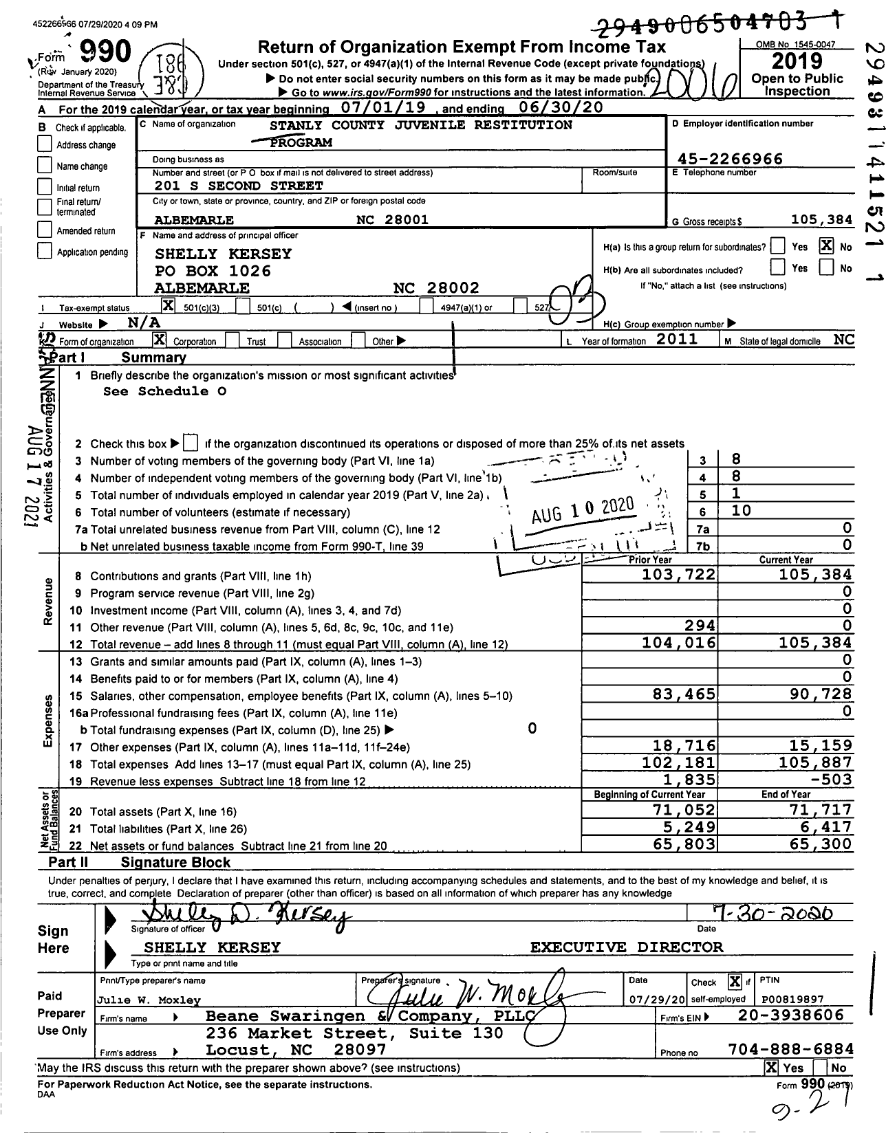 Image of first page of 2019 Form 990 for Stanly County Juvenile Restitution Program