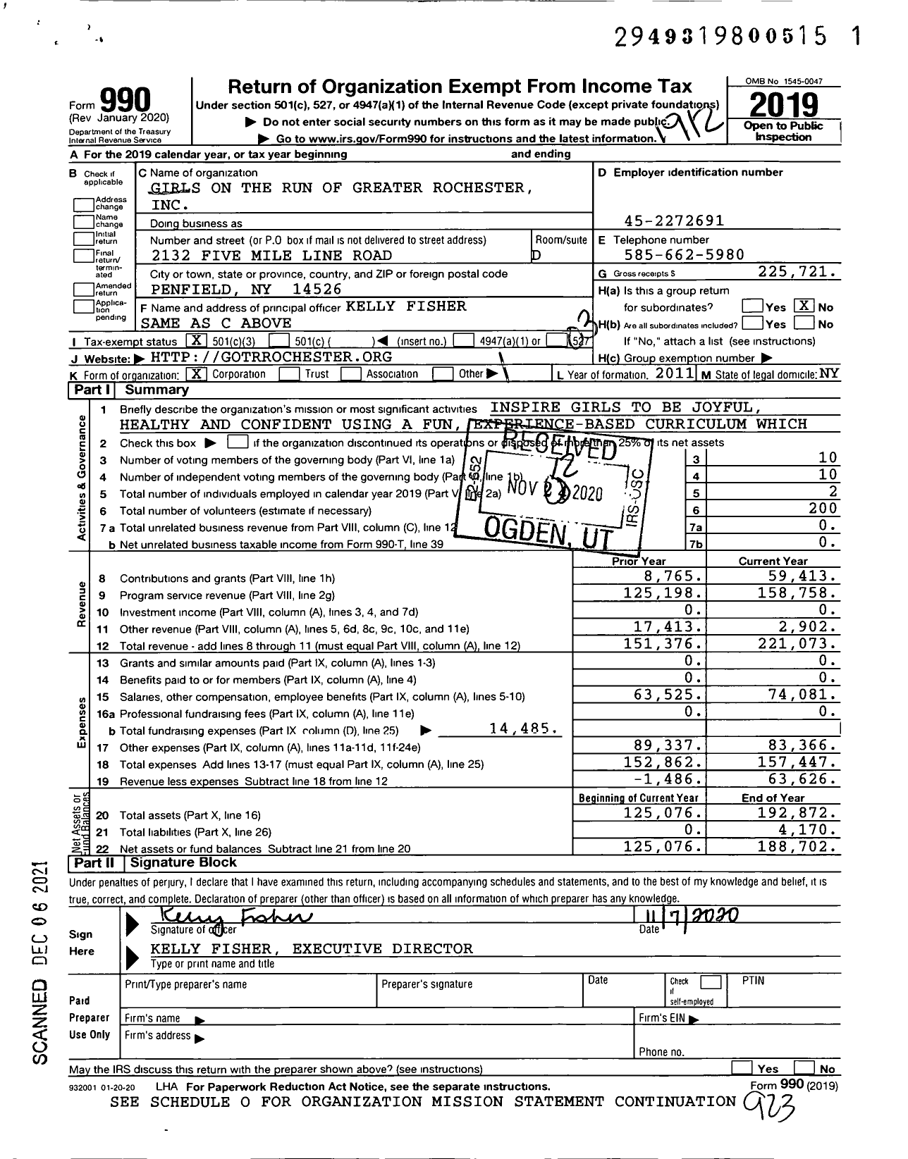Image of first page of 2019 Form 990 for Girls on the Run of Greater Rochester