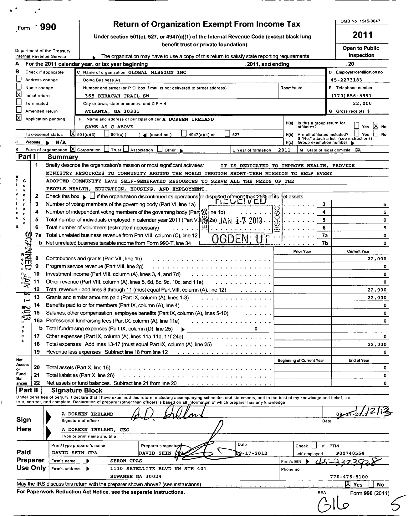 Image of first page of 2011 Form 990 for Global Mission