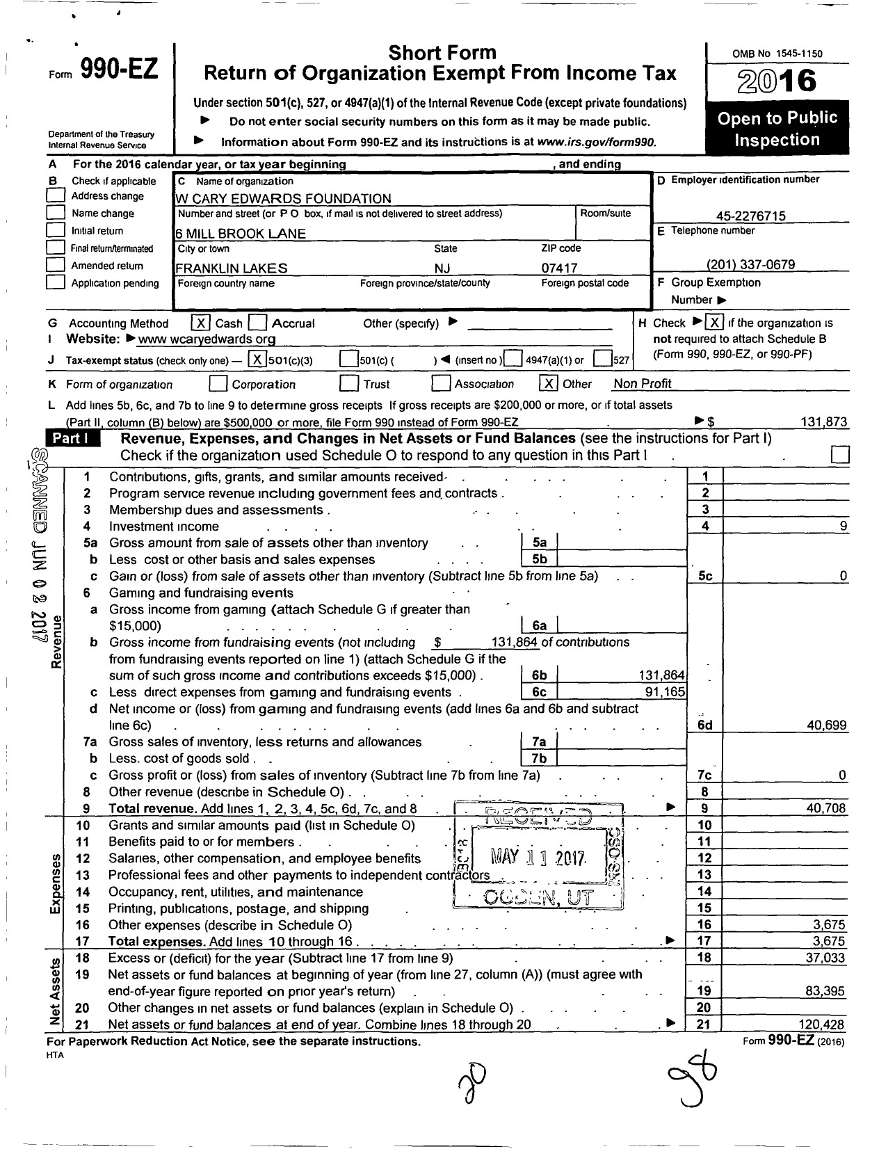 Image of first page of 2016 Form 990EZ for W Cary Edwards Foundation