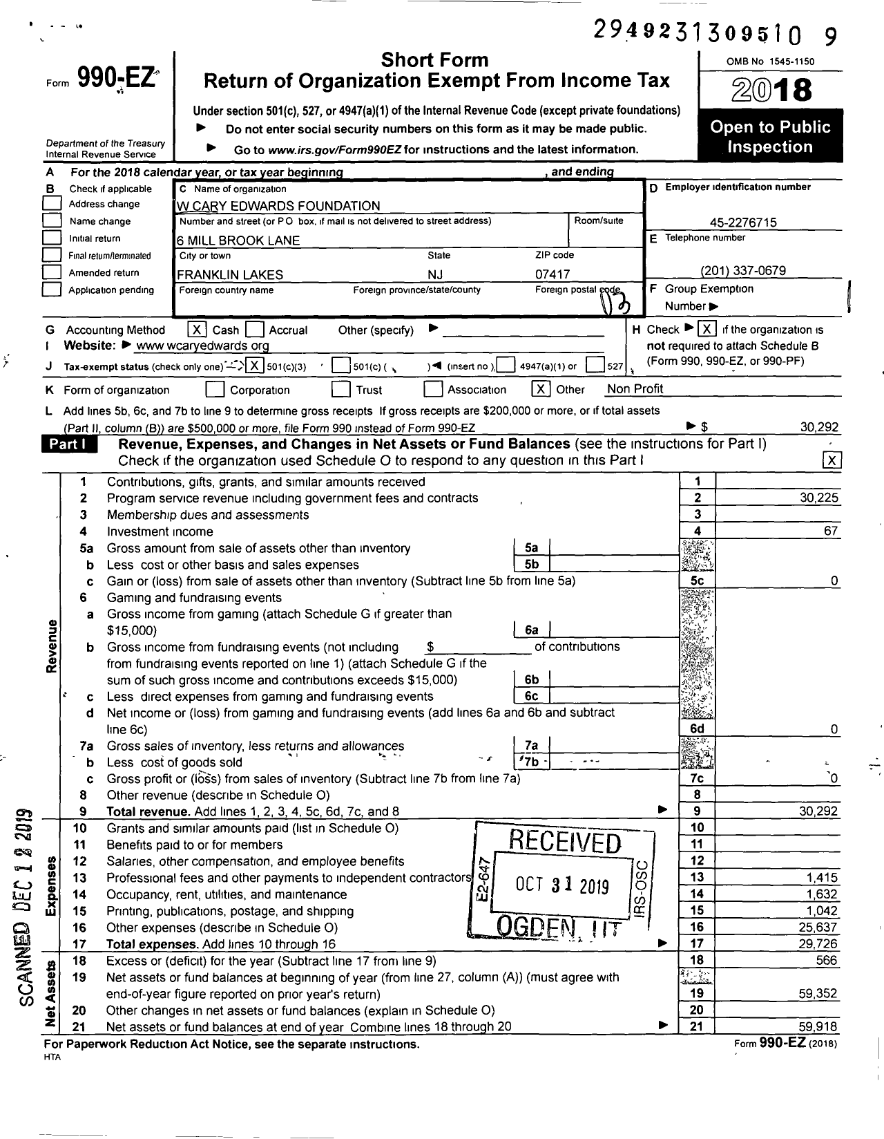 Image of first page of 2018 Form 990EZ for W Cary Edwards Foundation