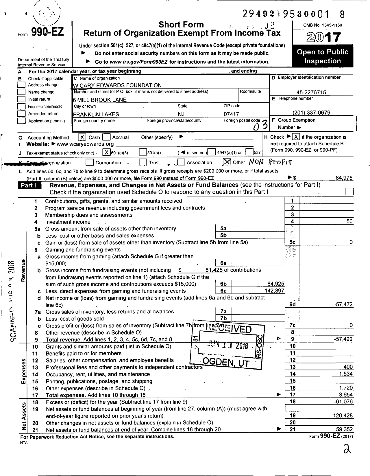 Image of first page of 2017 Form 990EZ for W Cary Edwards Foundation