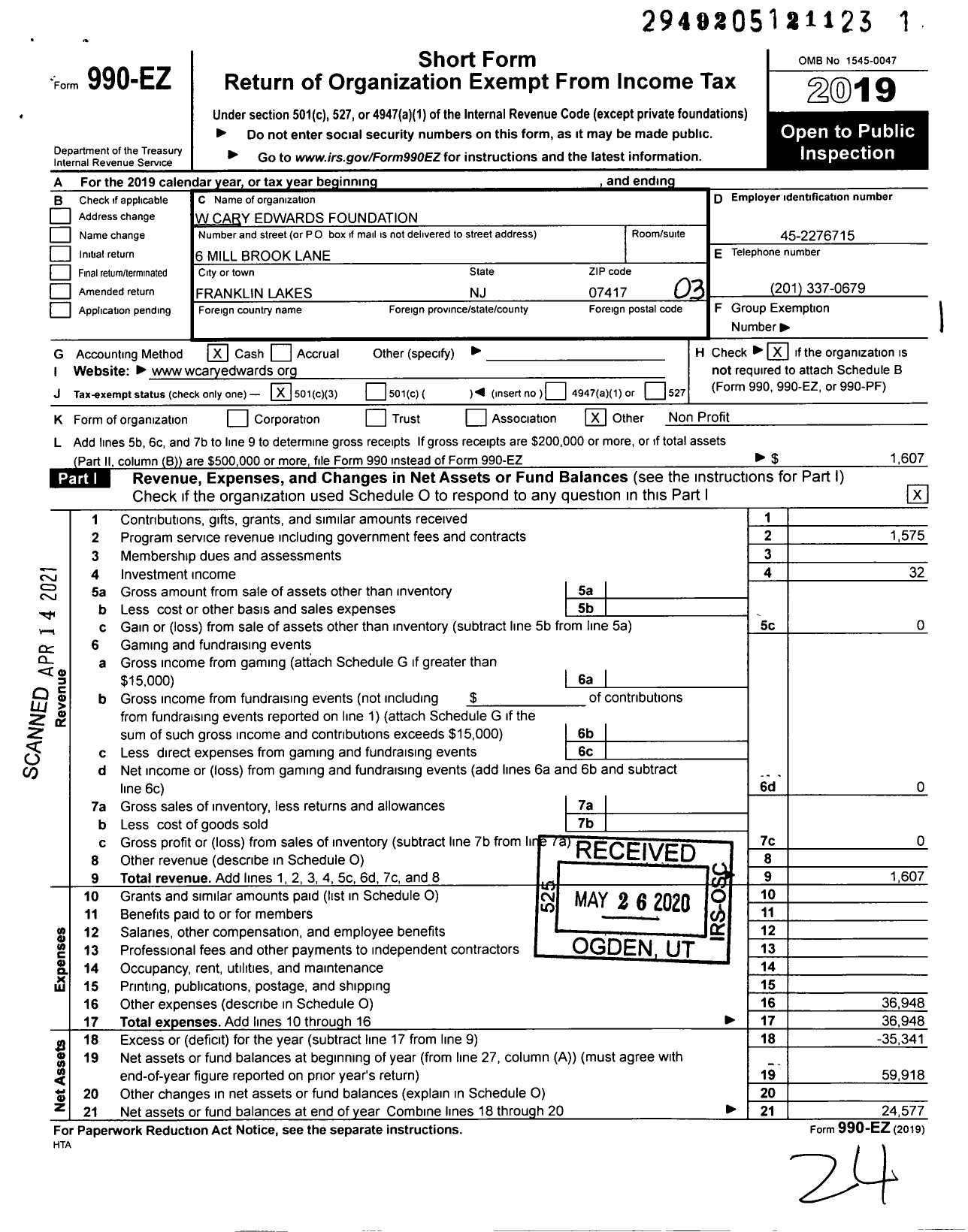 Image of first page of 2019 Form 990EZ for W Cary Edwards Foundation