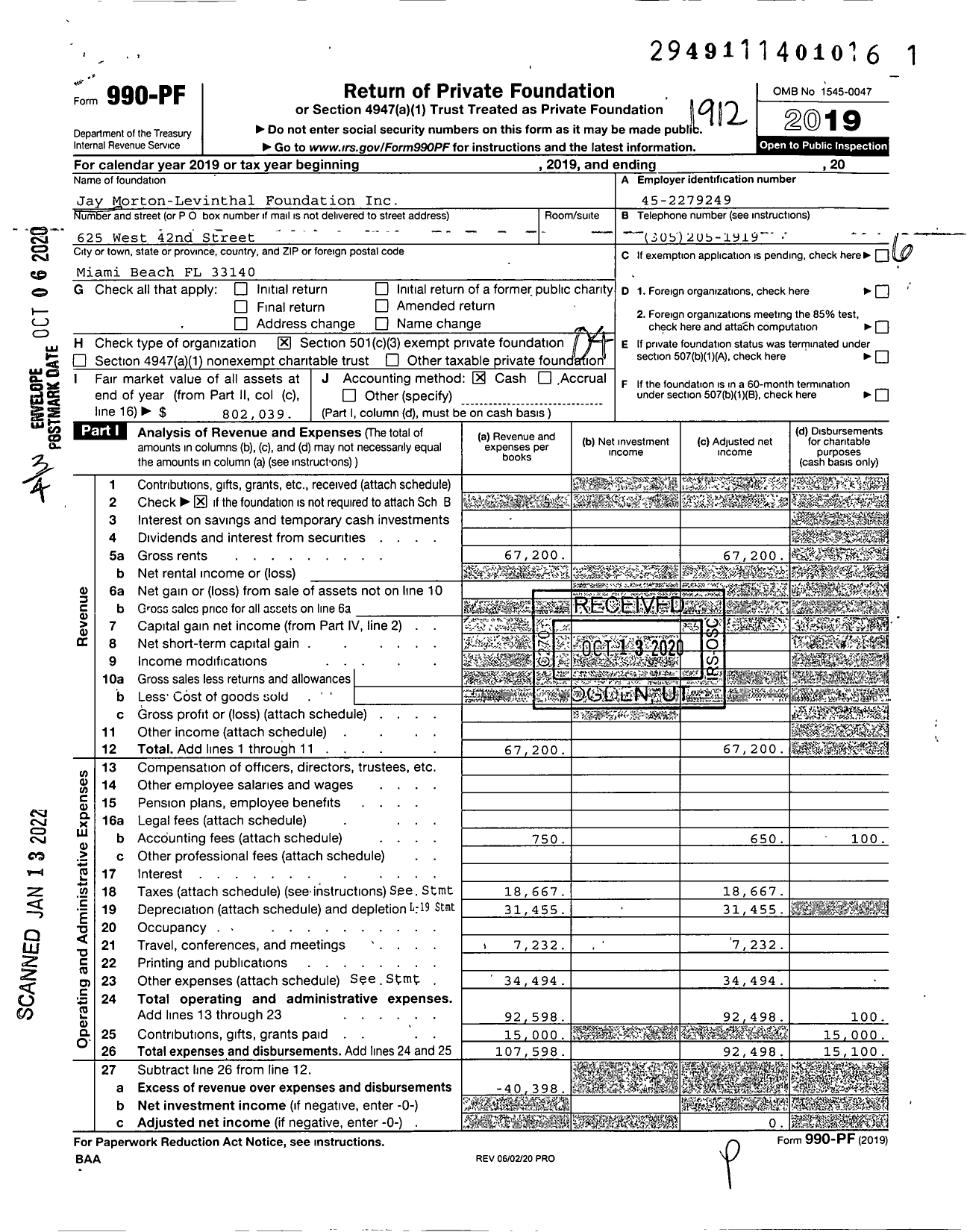 Image of first page of 2019 Form 990PF for Jay Morton-Levinthal Foundation