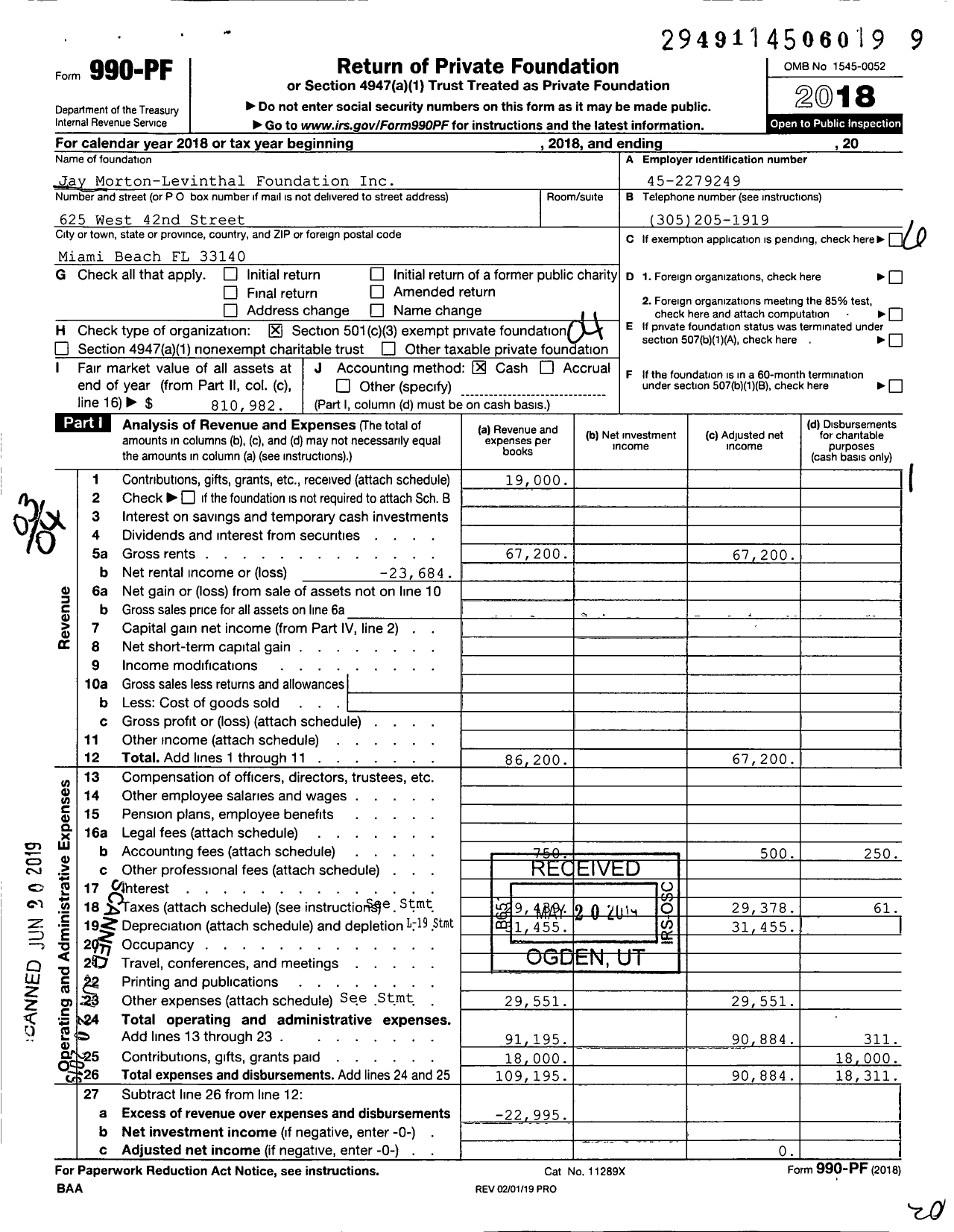 Image of first page of 2018 Form 990PF for Jay Morton-Levinthal Foundation