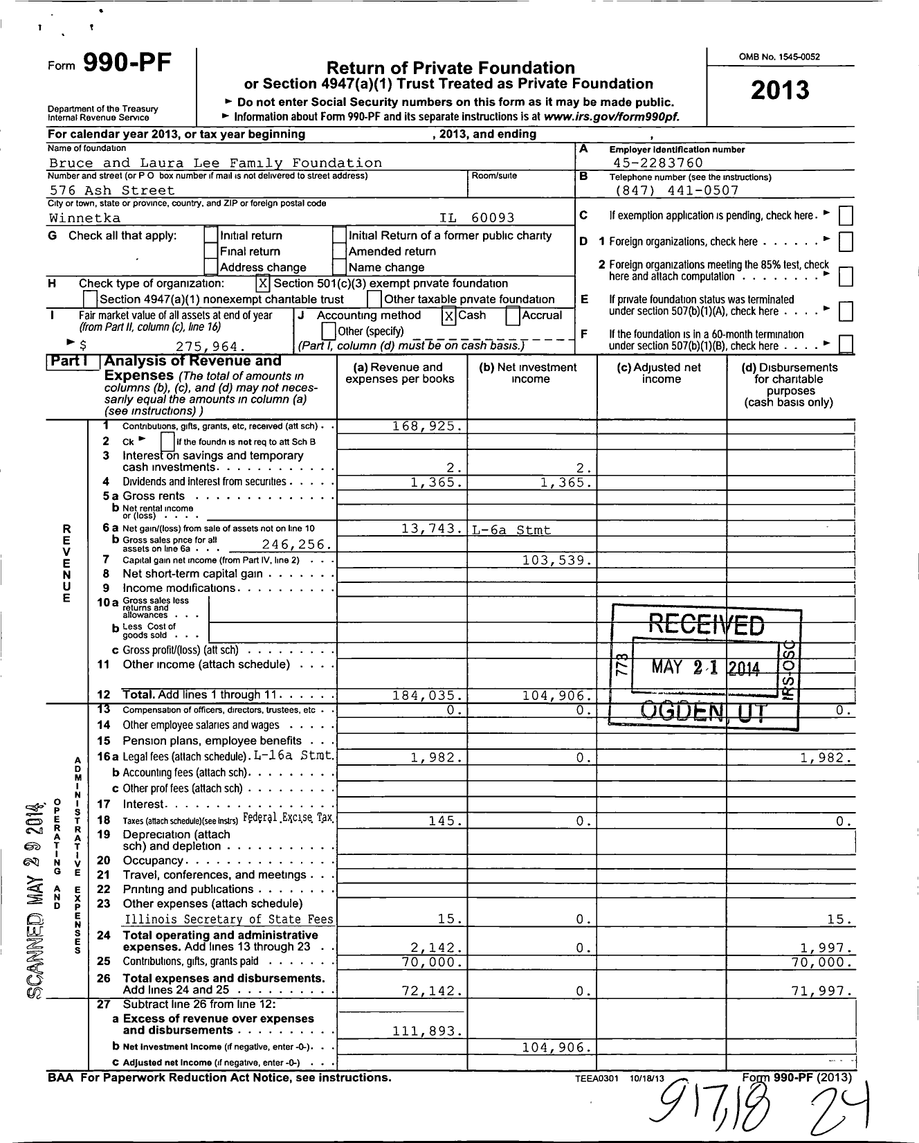 Image of first page of 2013 Form 990PF for Bruce and Laura Lee Family Foundation