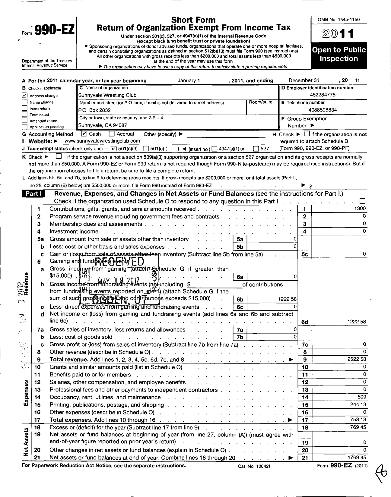 Image of first page of 2011 Form 990EZ for Sunnyvale Wrestling Club