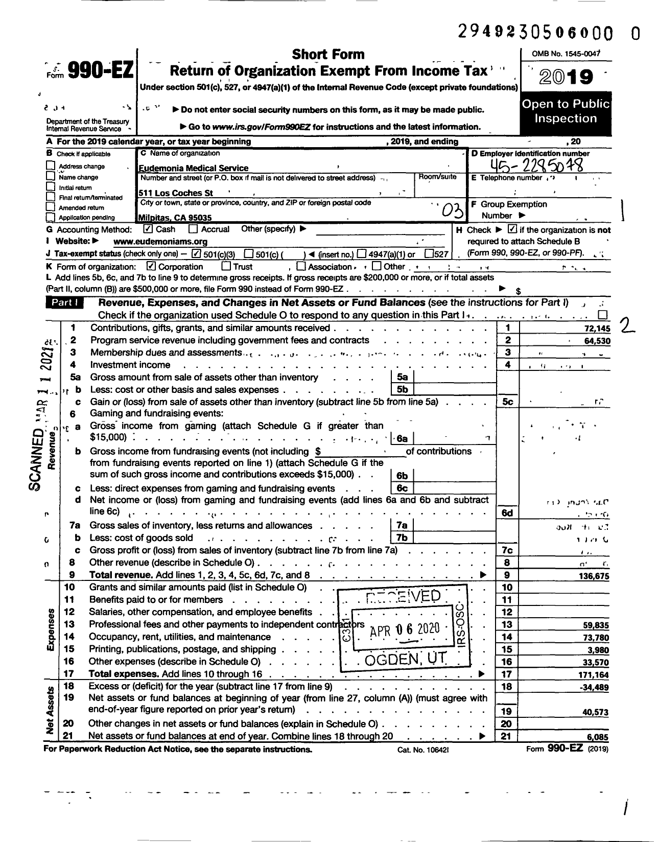 Image of first page of 2019 Form 990EZ for Eudemonia Medical Service