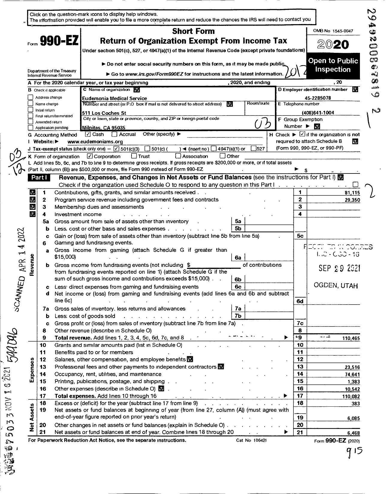 Image of first page of 2020 Form 990EZ for Eudemonia Medical Service