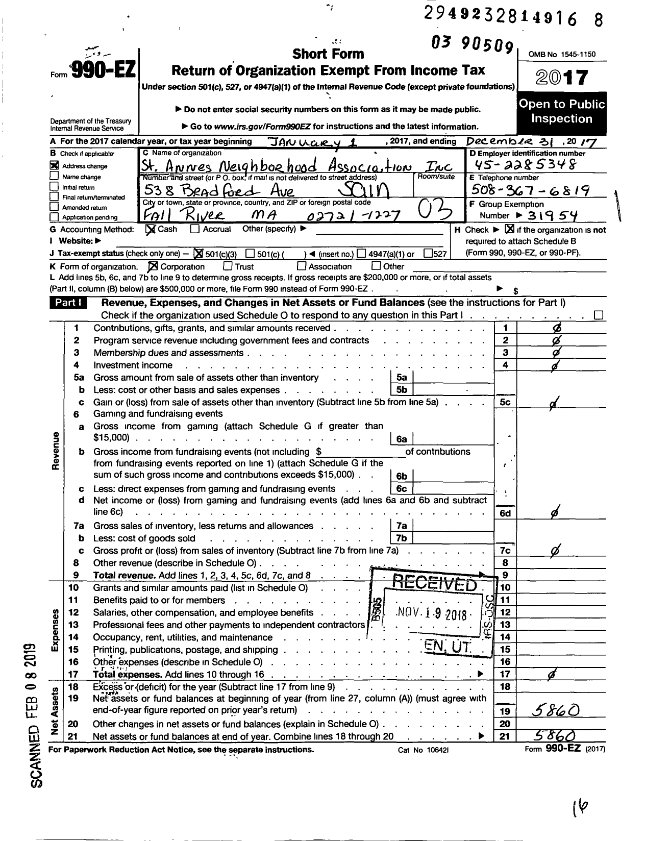 Image of first page of 2017 Form 990EZ for Saint Annes Neighborhood Association