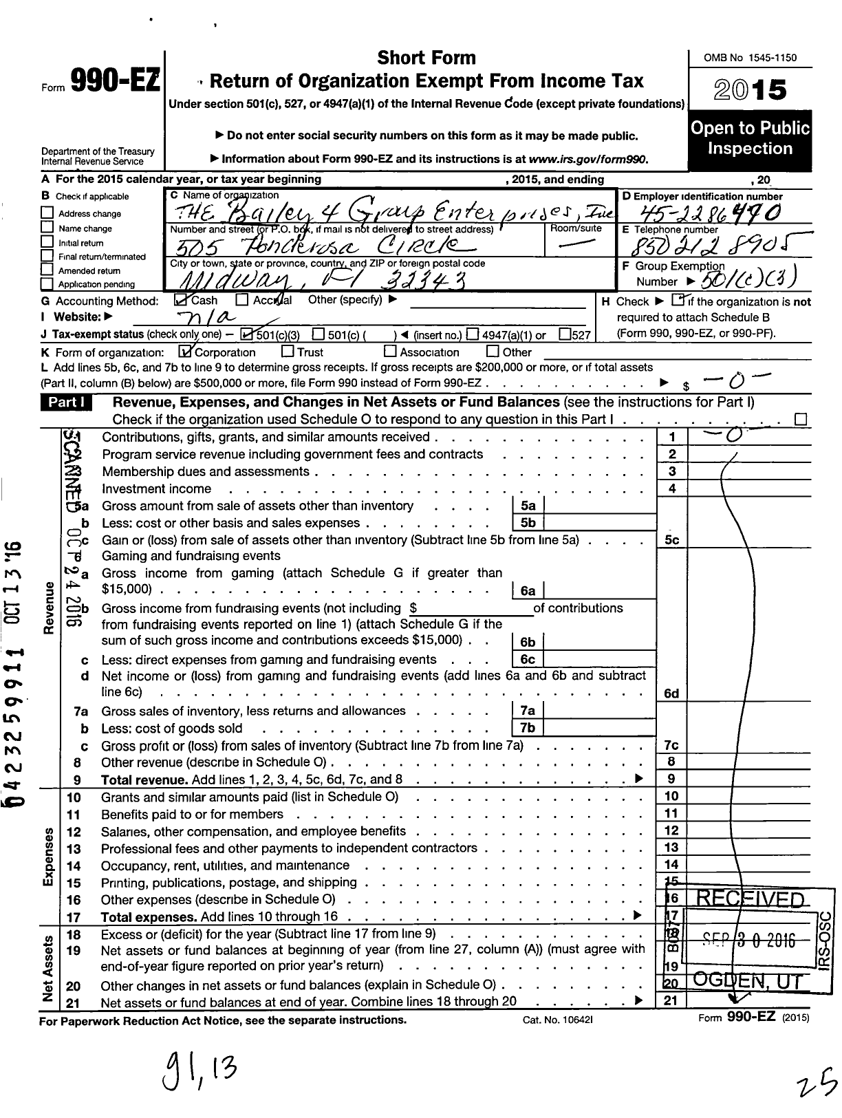 Image of first page of 2015 Form 990EZ for Bailey 4 Group Enterprises