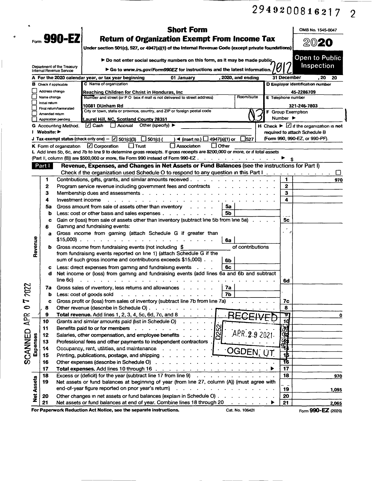 Image of first page of 2020 Form 990EZ for Reaching Children for Christ in Honduras