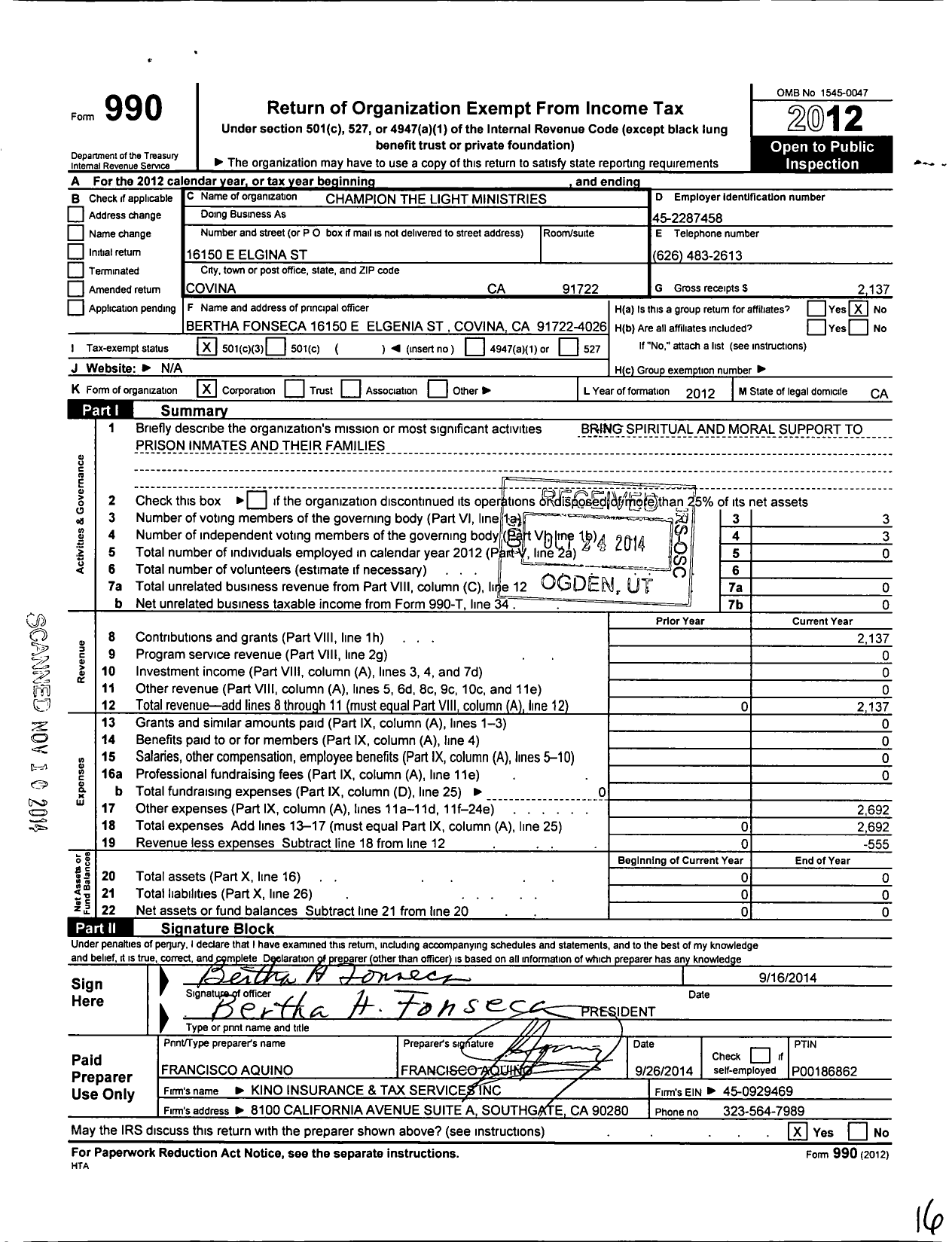 Image of first page of 2012 Form 990 for Champion the Light Ministries