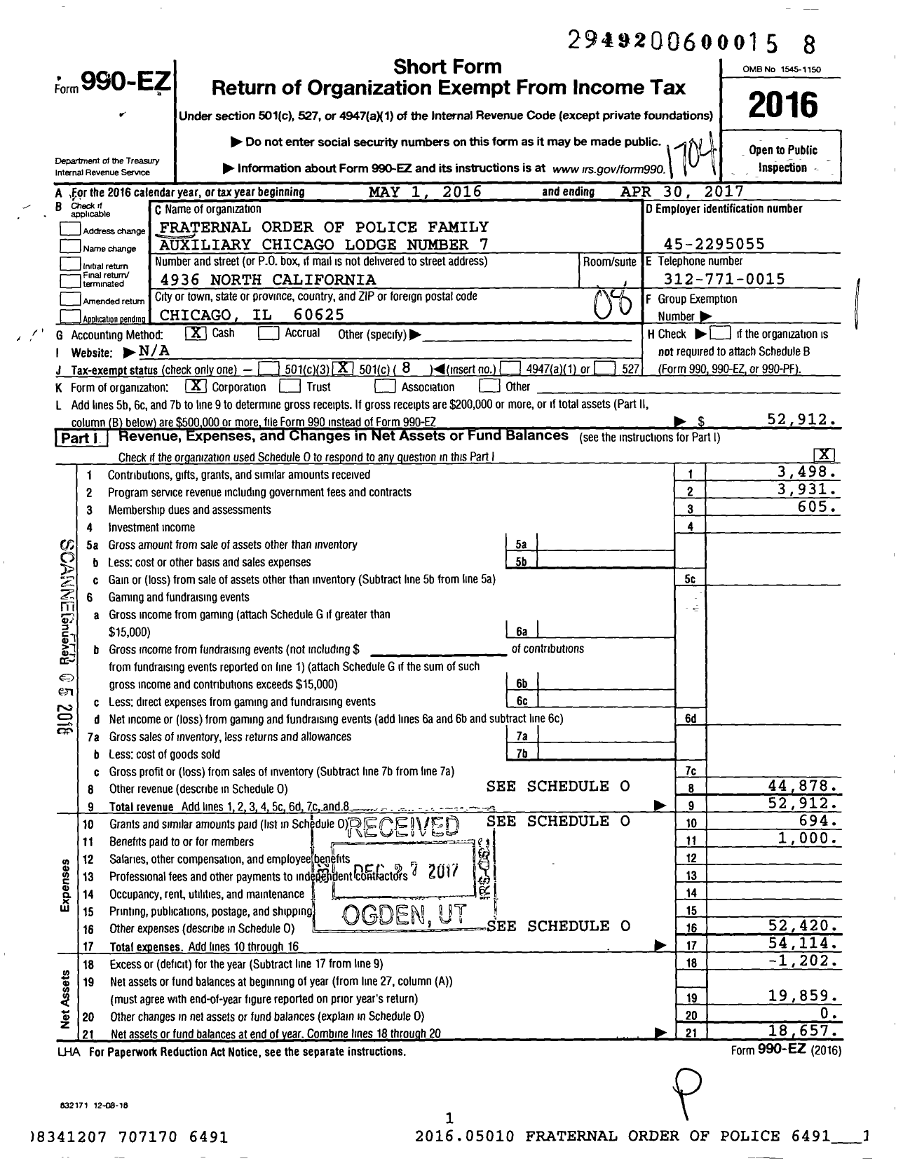 Image of first page of 2016 Form 990EO for Fraternal Order of Police Family Auxiliary Chicago Lodge Number 7